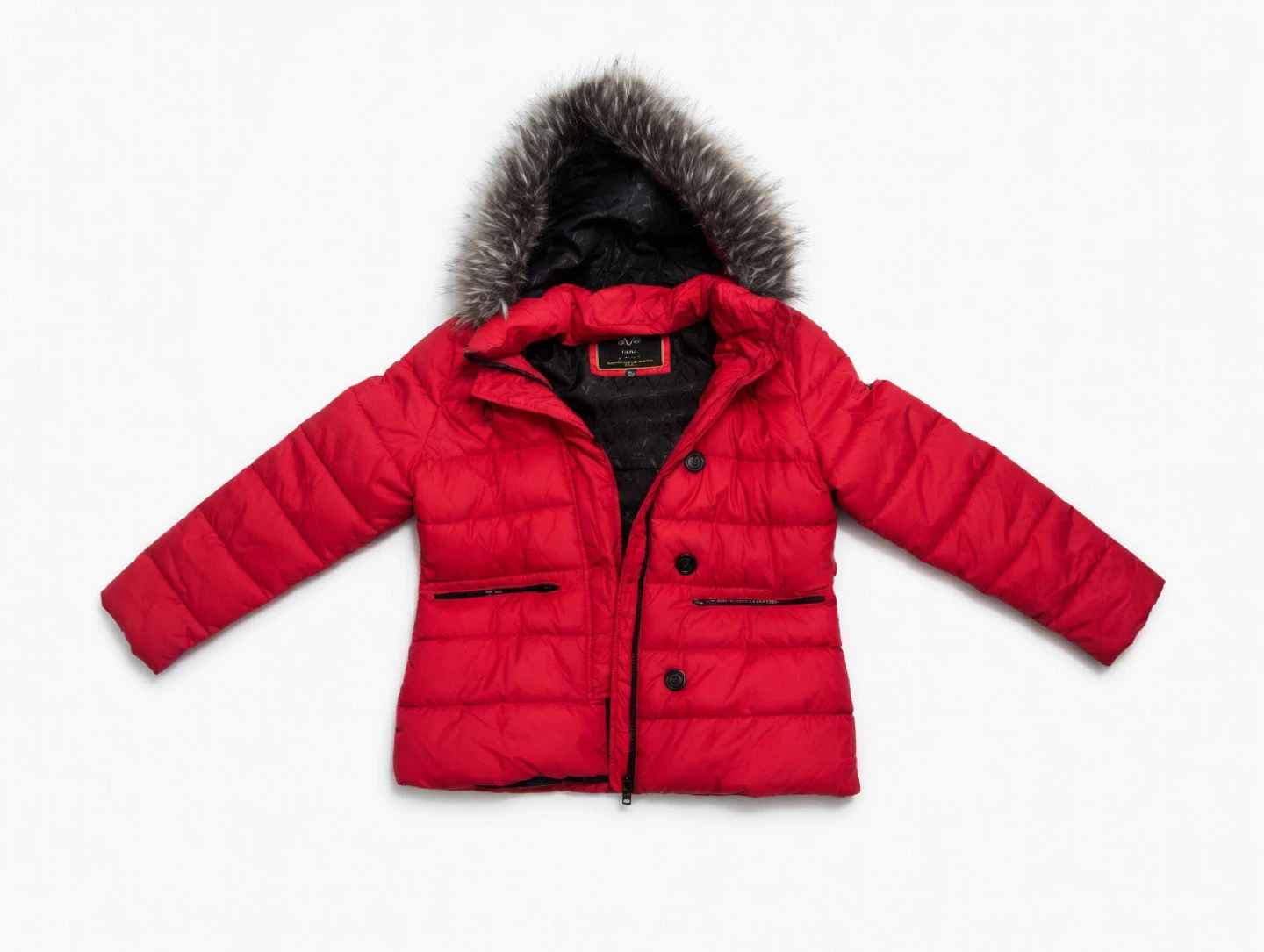 19V69 Italia Red Puffer Jacket with Faux Fur Hood - Size L