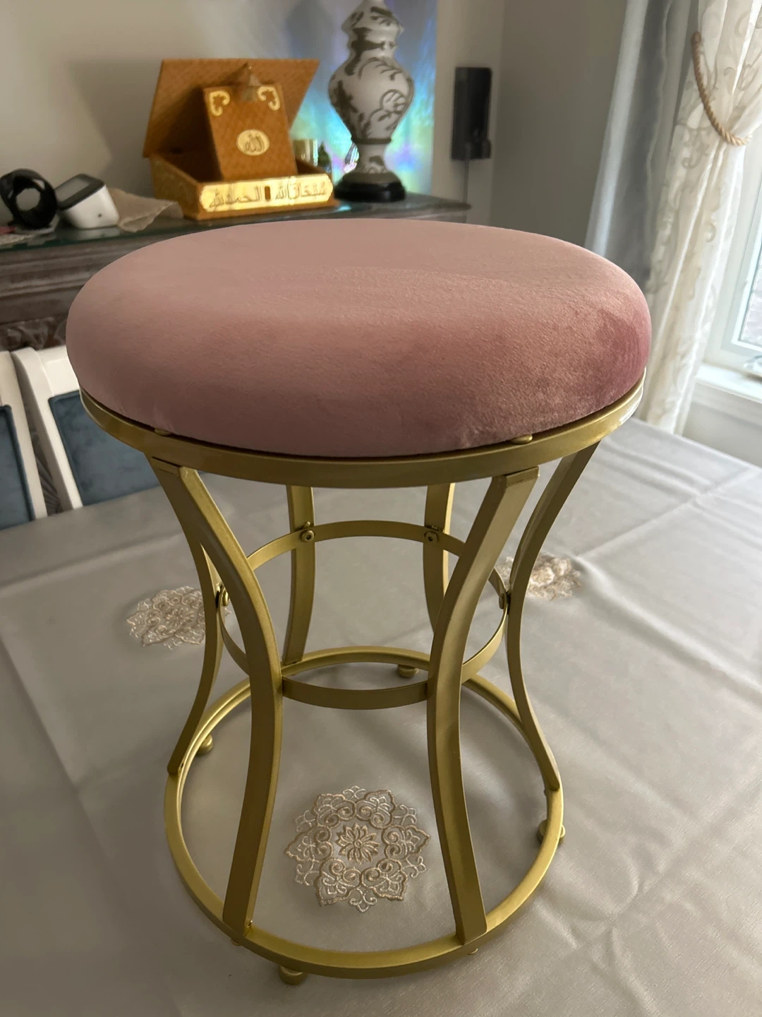 Pink Velvet Vanity Stool - Gold Metal Frame