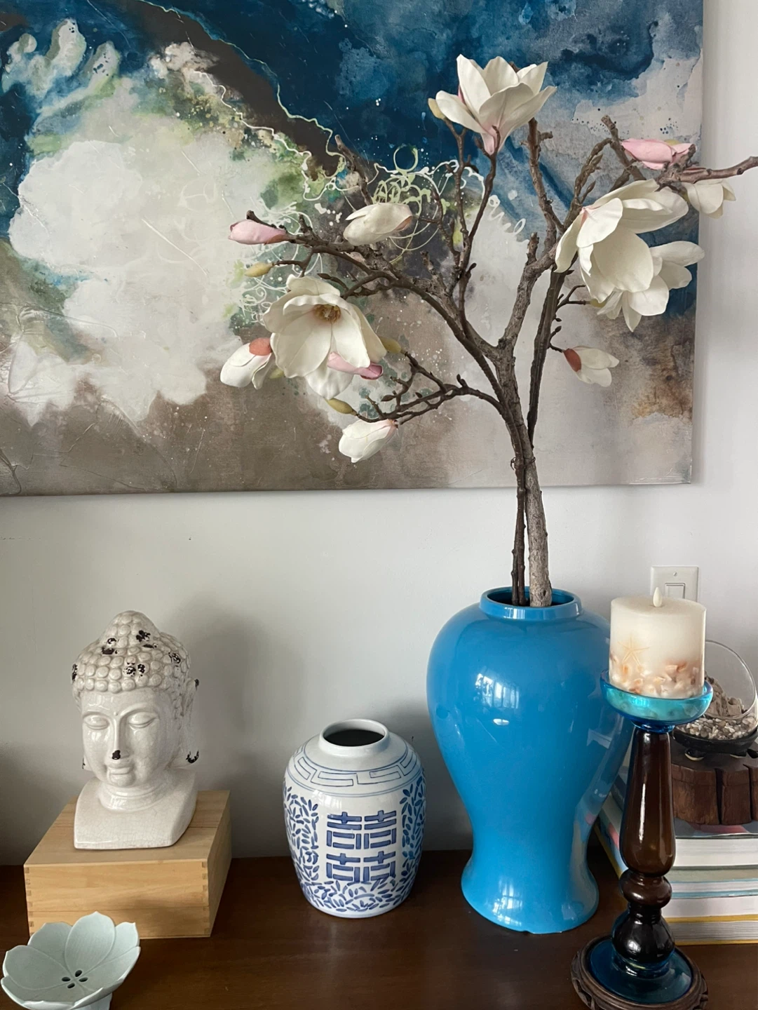Blue Ceramic Vase with Magnolia Branch