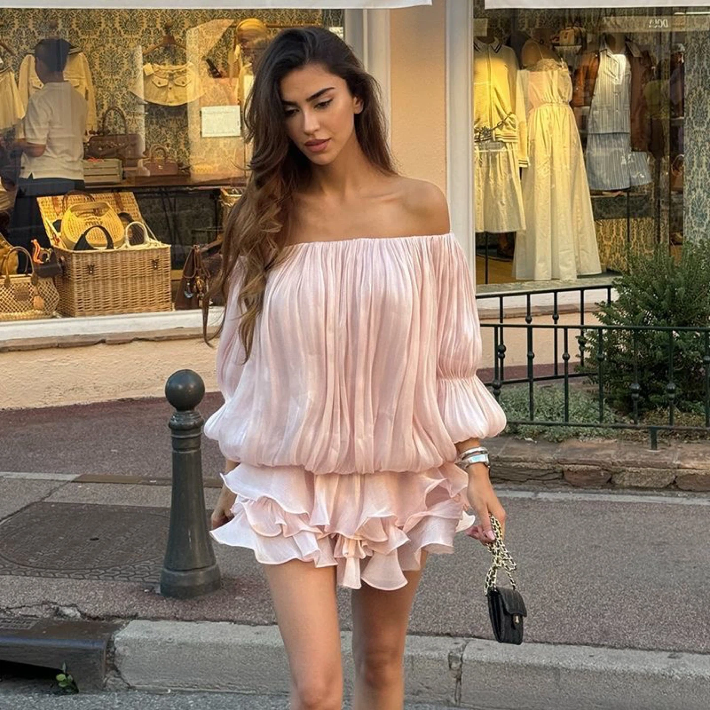 Women's Pink Off-the-Shoulder Ruffle Dress