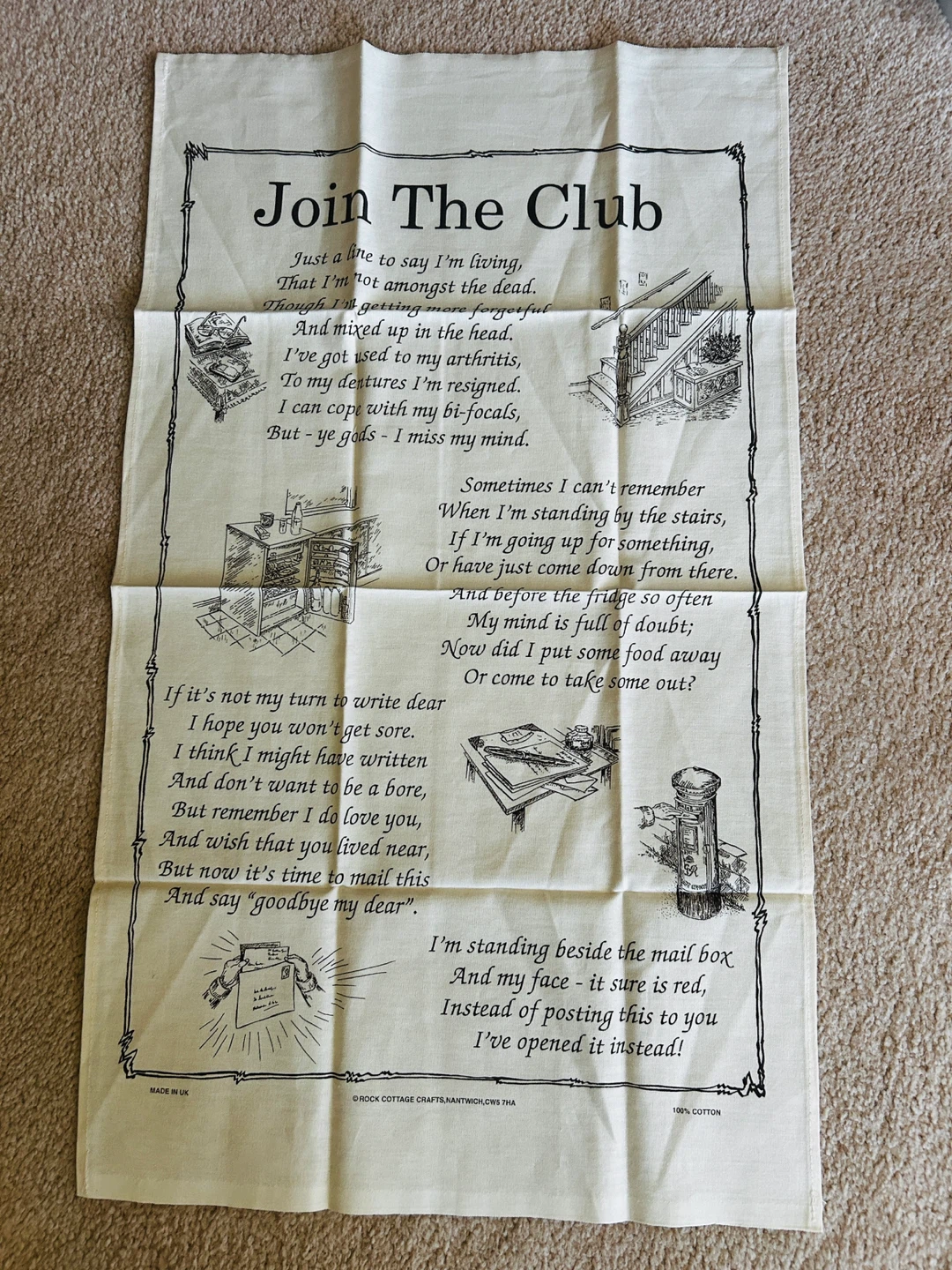 Brand new Oldtimers Join The Club poem tea towel