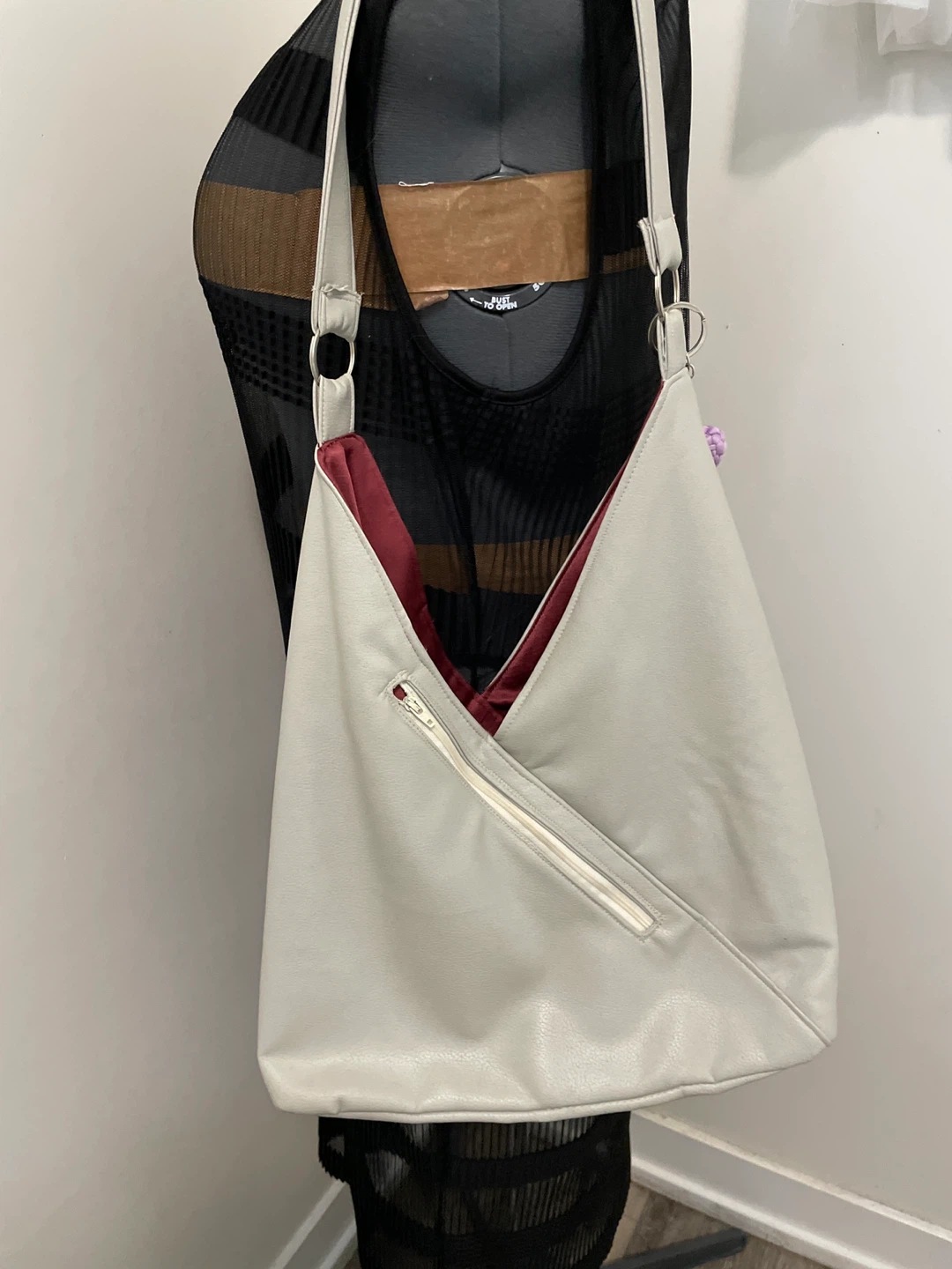 Light Grey Faux Leather Shoulder Bag with Zipper Pocket