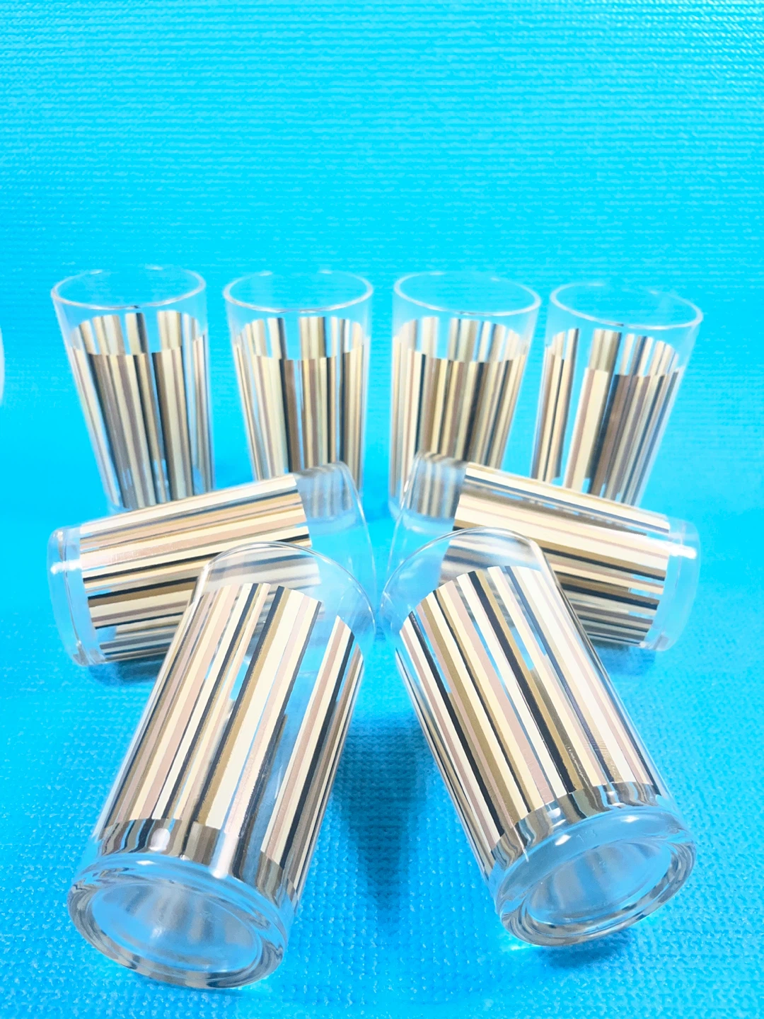 Vintage Retro Earth-Tone Pinstripe Highball Glasses - Set of 8