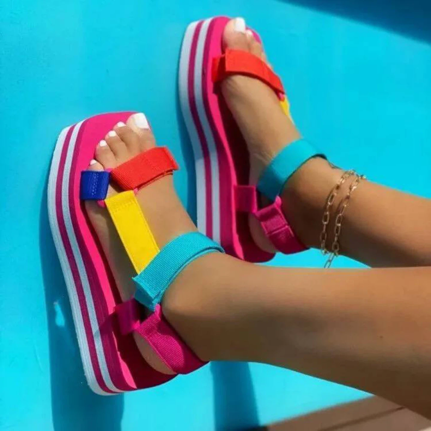 Platform Sandals Women's Rainbow Strap Chunky Heel