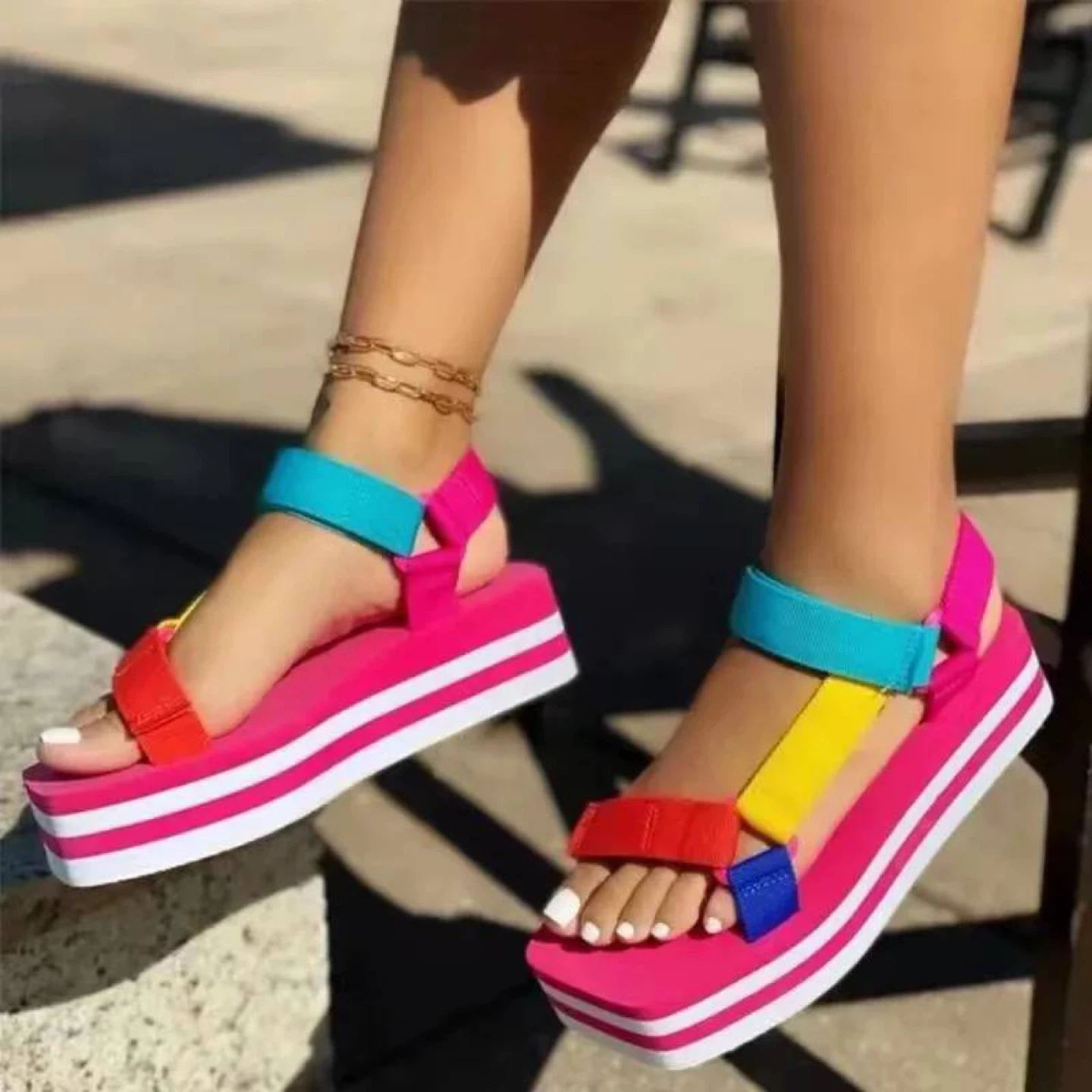 Platform Sandals Women's Rainbow Strap Chunky Heel - photo 2