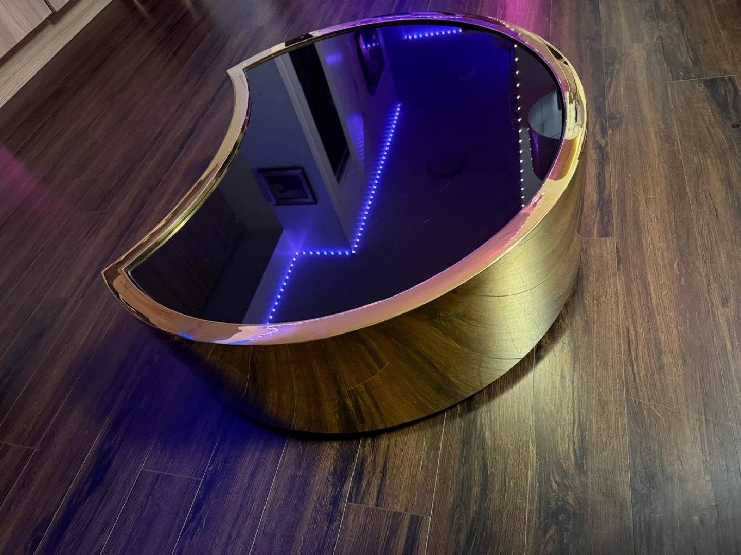 Modern Crescent Coffee Table with Black Glass Top and Gold Trim - photo 2
