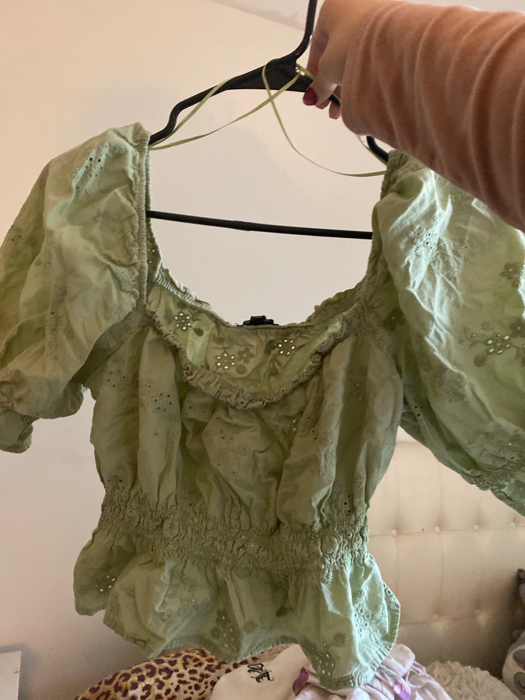 Sage green Eyelet Puff Sleeve Top - Medium