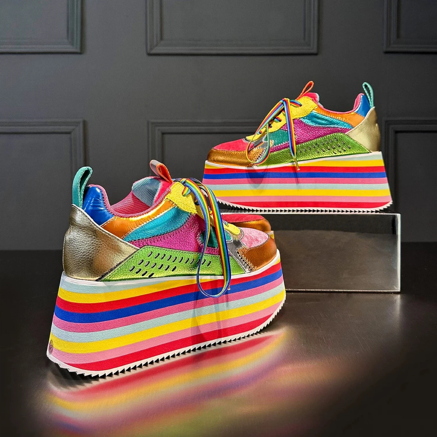 Colourful Platform Sneakers with Rainbow Striped Soles - photo 4