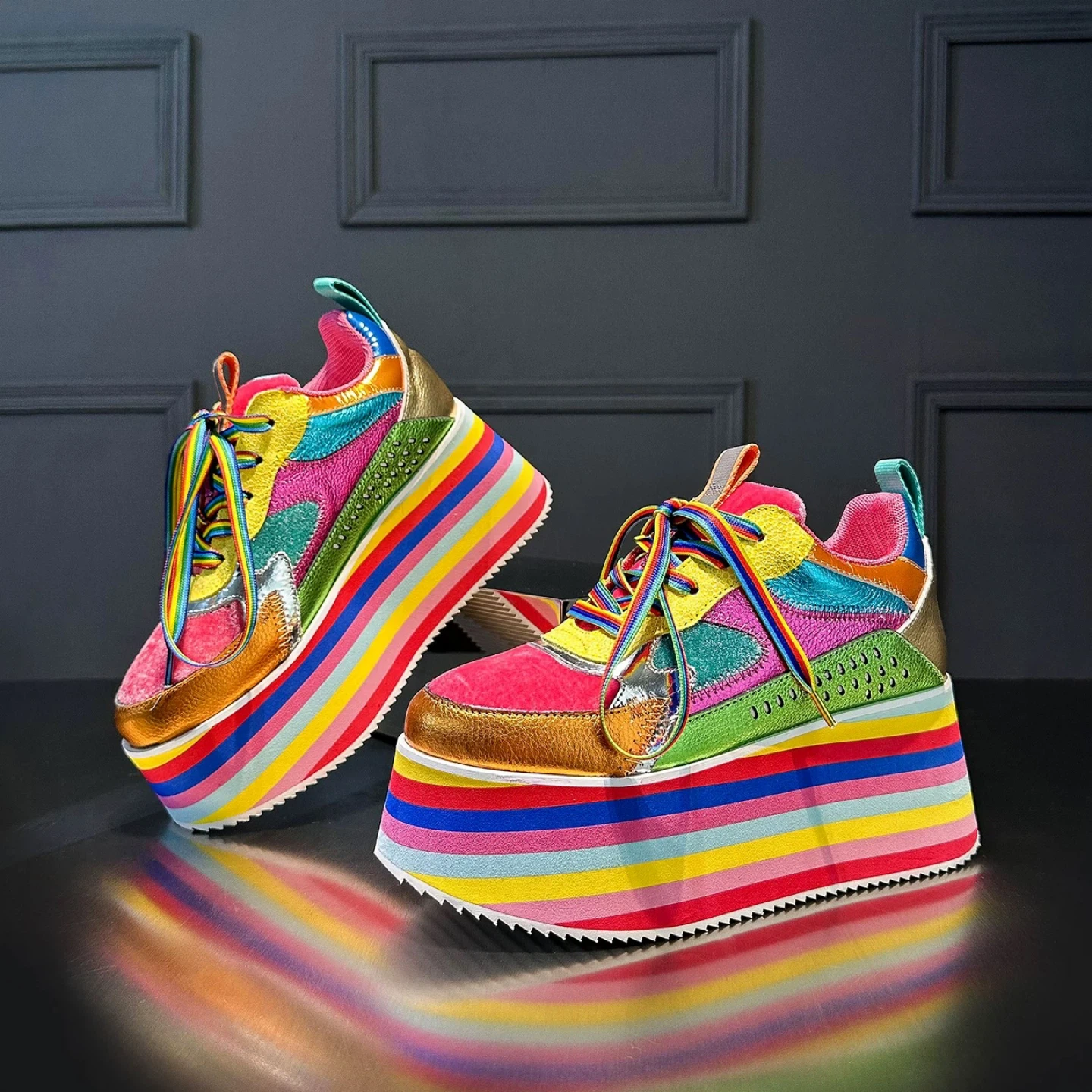 Colourful Platform Sneakers with Rainbow Striped Soles - photo 2
