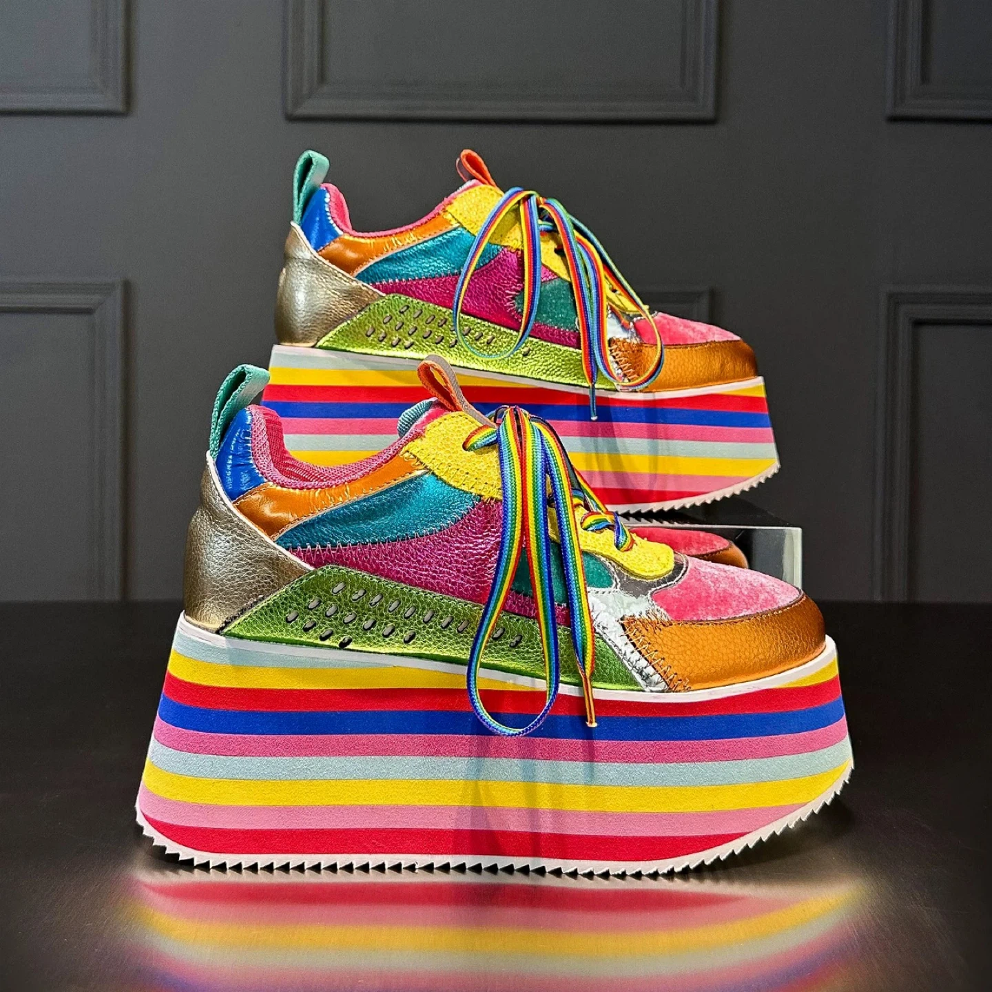Colourful Platform Sneakers with Rainbow Striped Soles
