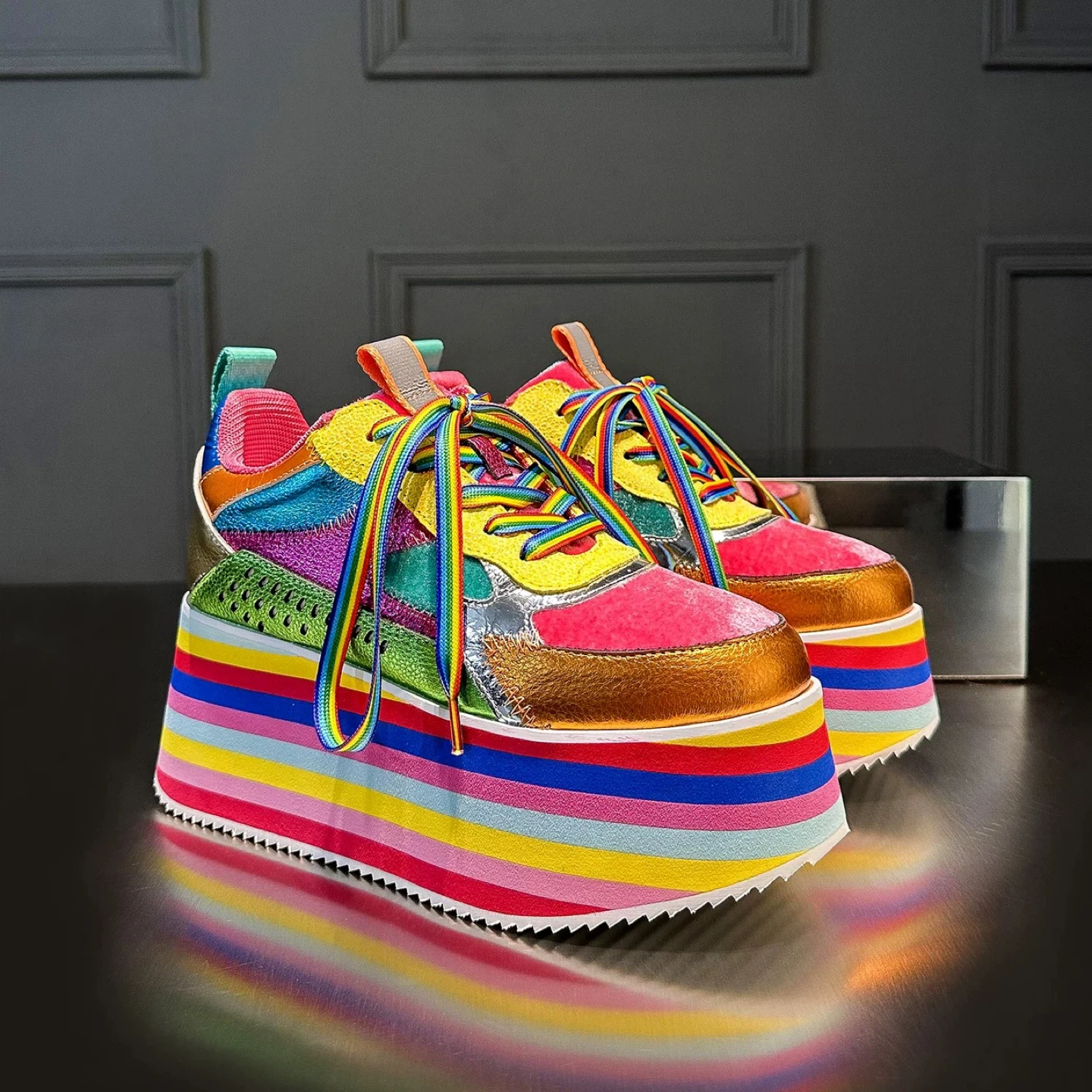 Colourful Platform Sneakers with Rainbow Striped Soles - photo 3