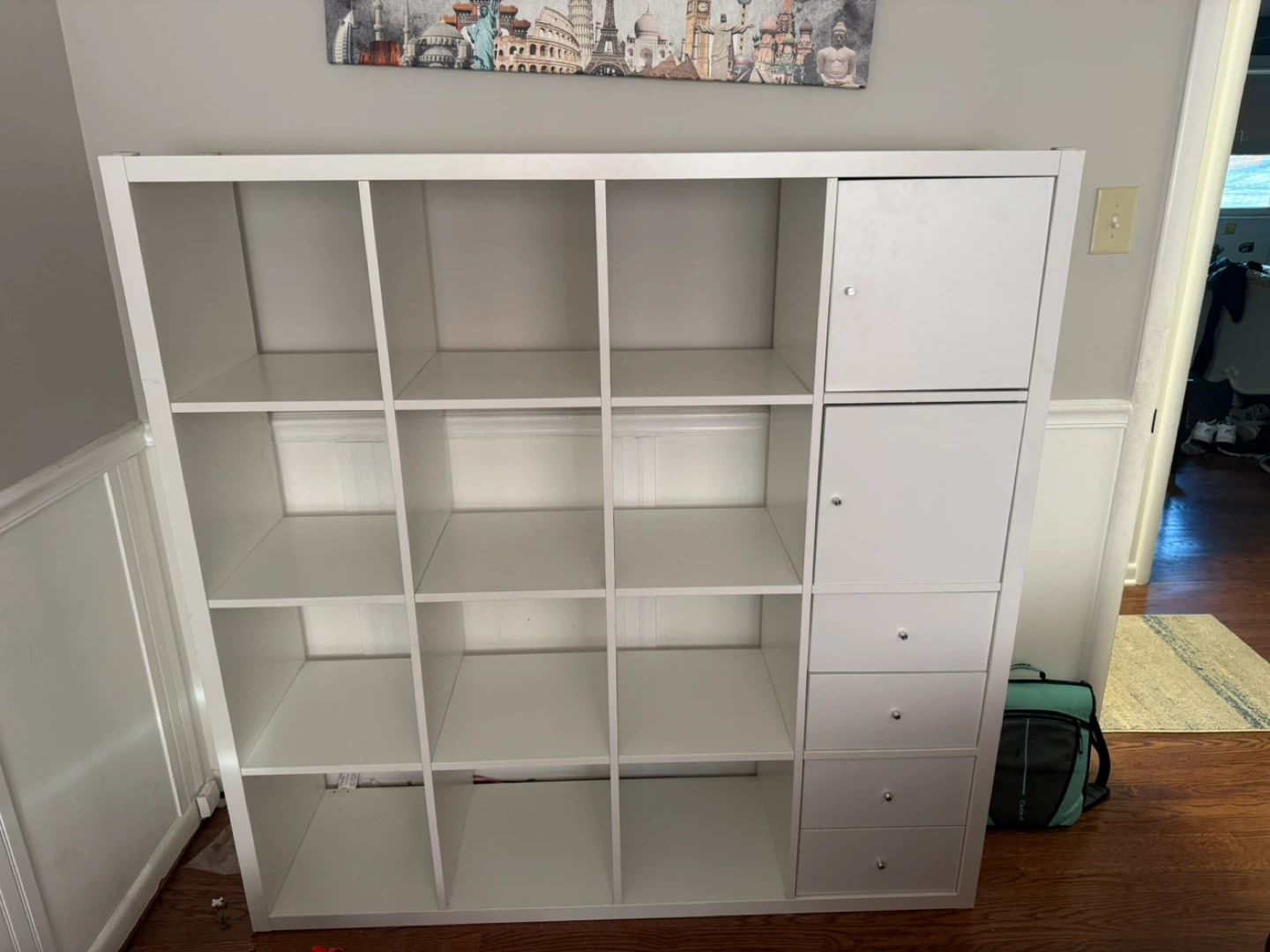 White IKEA KALLAX Shelf Unit with 4 Drawers and 2 Doors
