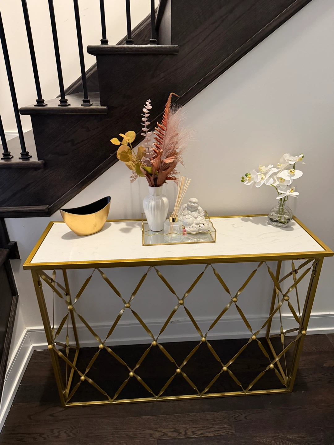 Gold Metal Console Table with Faux Marble Top