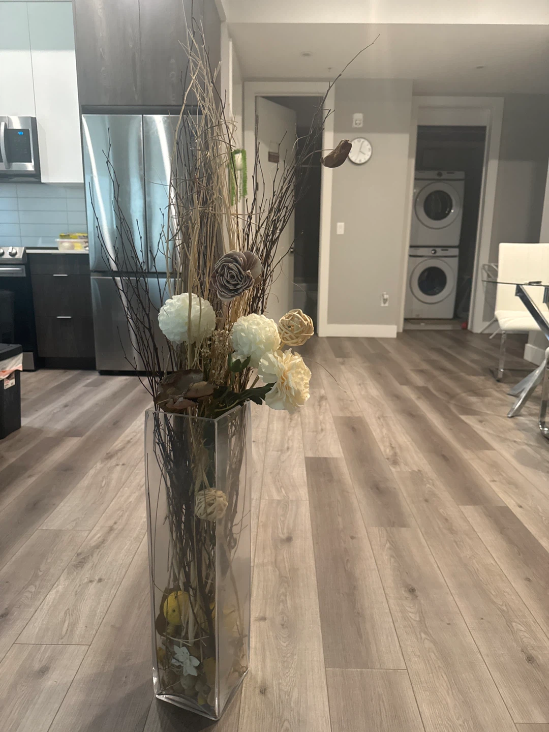Tall Glass Vase with Dried Floral Arrangement