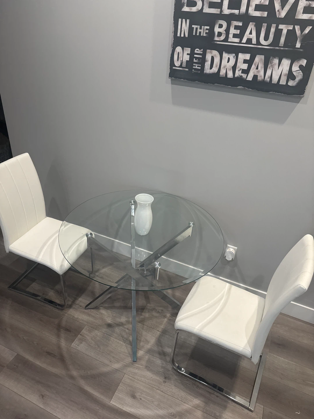 Glass Dining Table with 2 White Chairs