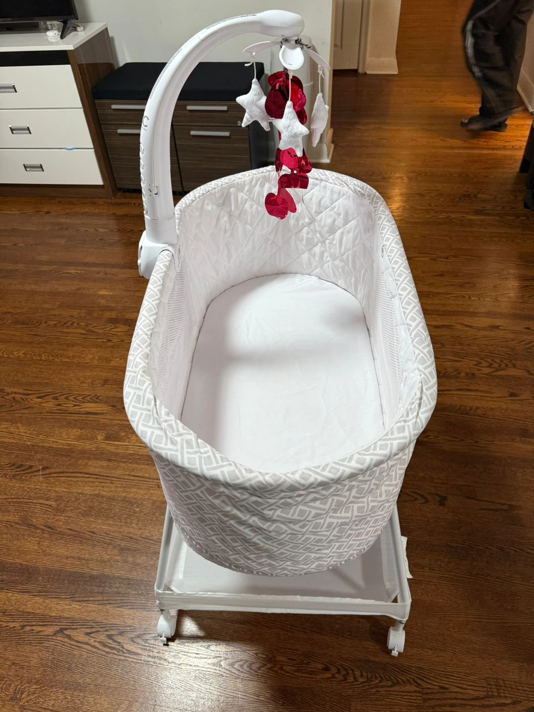 White Bassinet with Mobile and Stars
