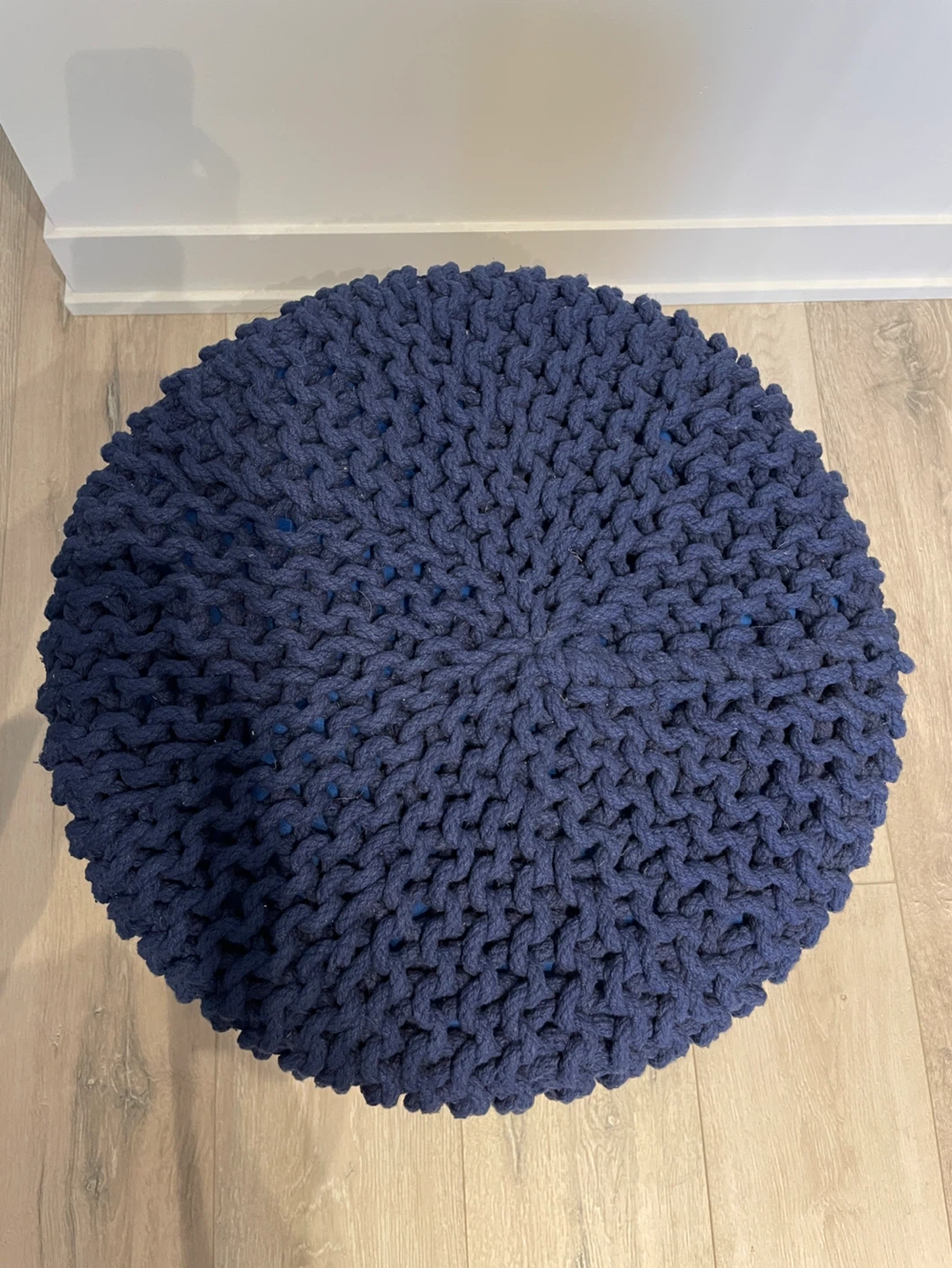 Navy Blue Knit Pouf Ottoman with Wooden Legs - photo 2