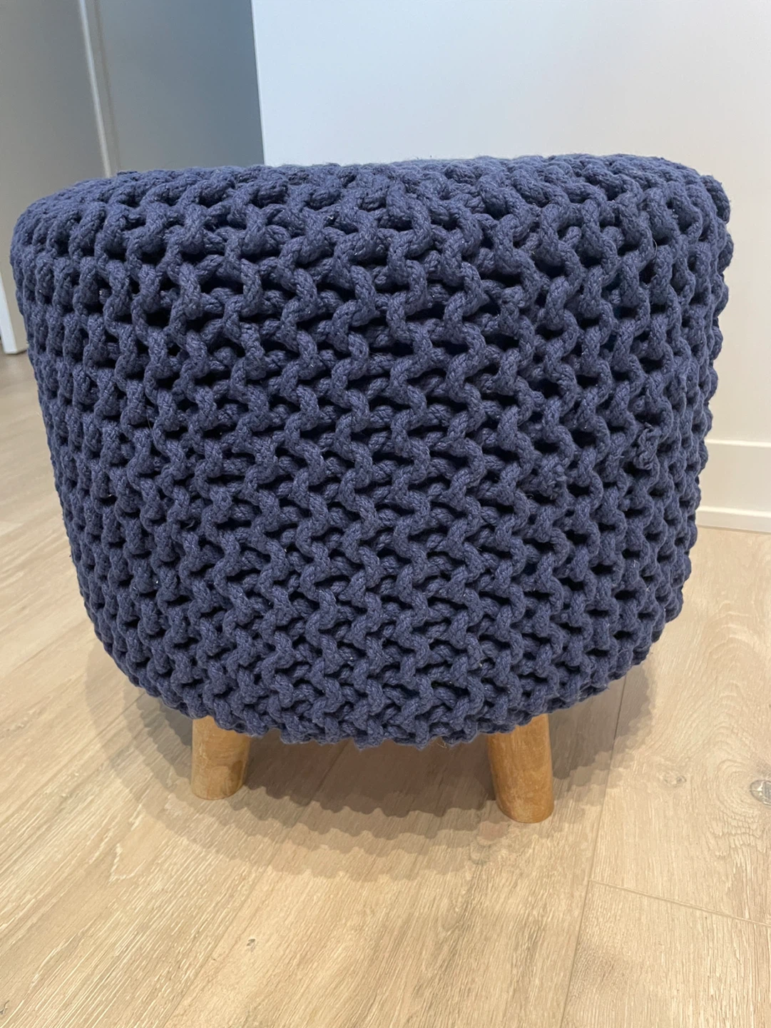 Navy Blue Knit Pouf Ottoman with Wooden Legs