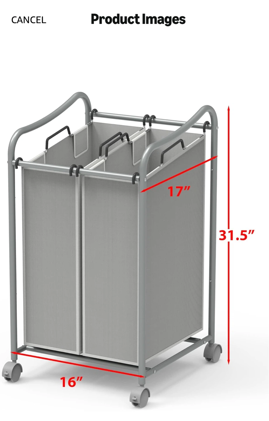 Grey Double Laundry Hamper with Wheels - photo 2