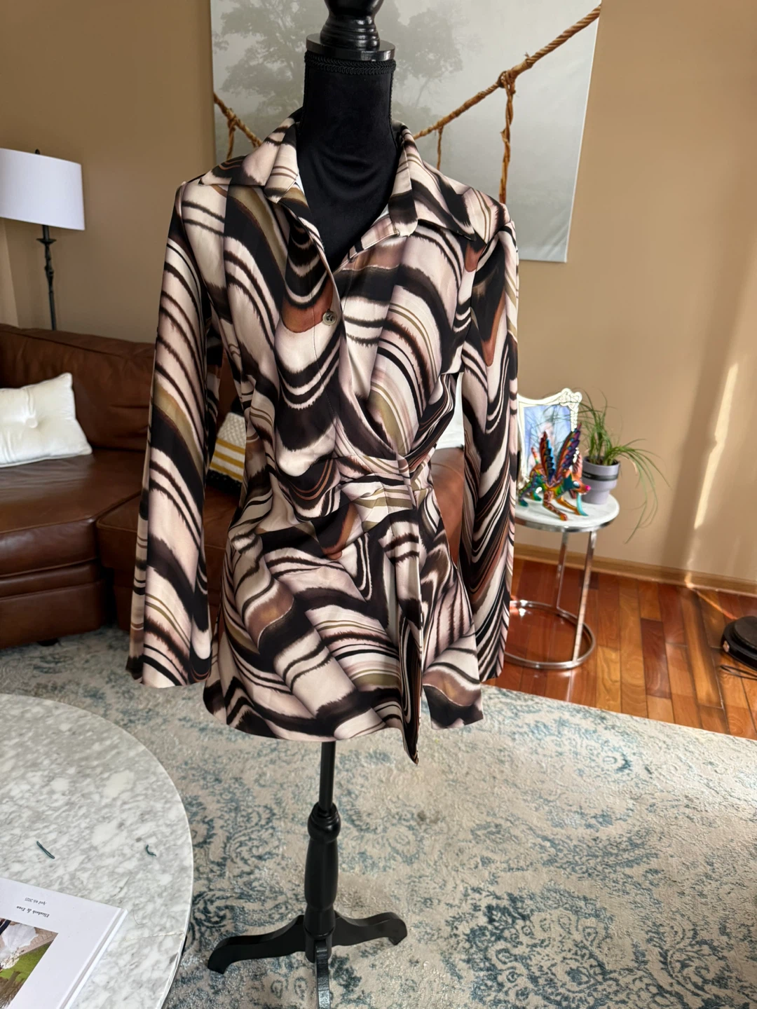 ZARA Women's Abstract Print Belted Shirt Dress - Size Medium - photo 2