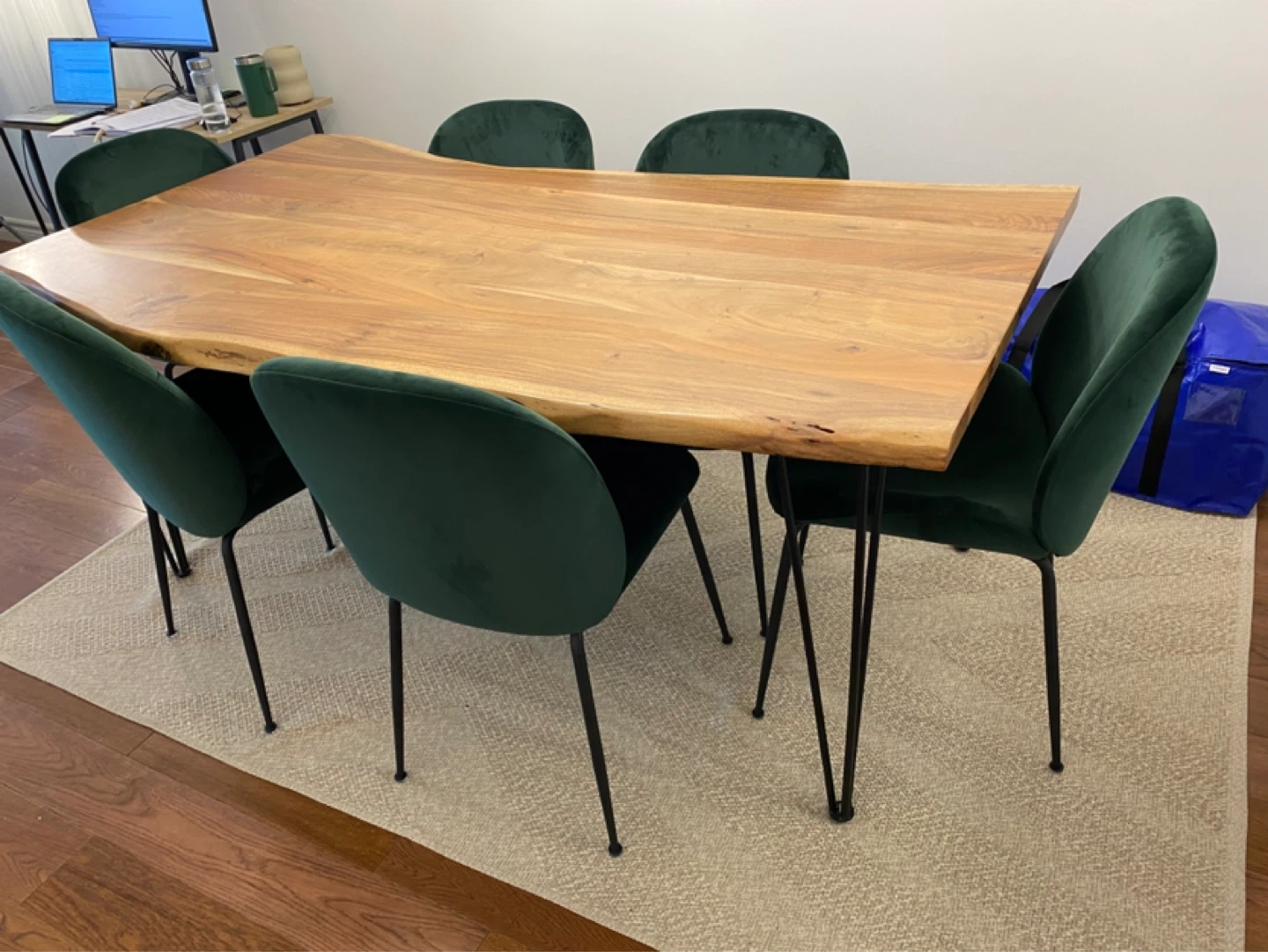 Live Edge Dining Table with 6 Green Velvet Chairs