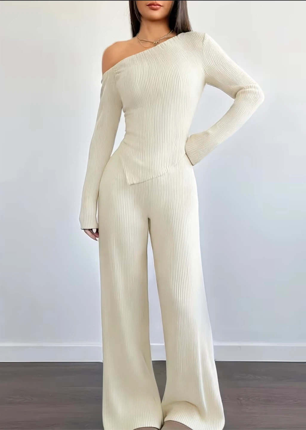 New Cream Ribbed Knit 2pcs Set