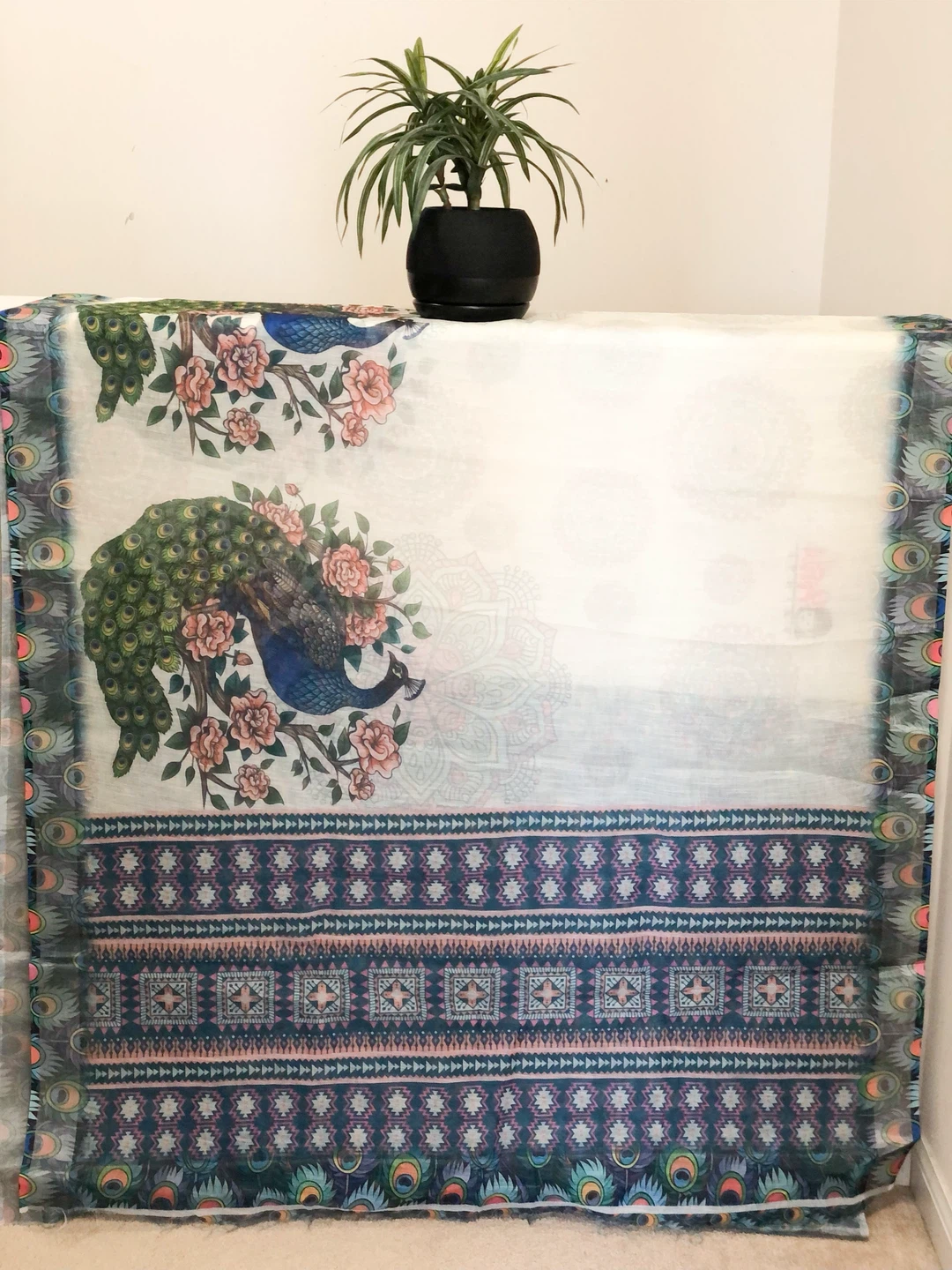 Cotton linen Peacock Floral saree - photo 2