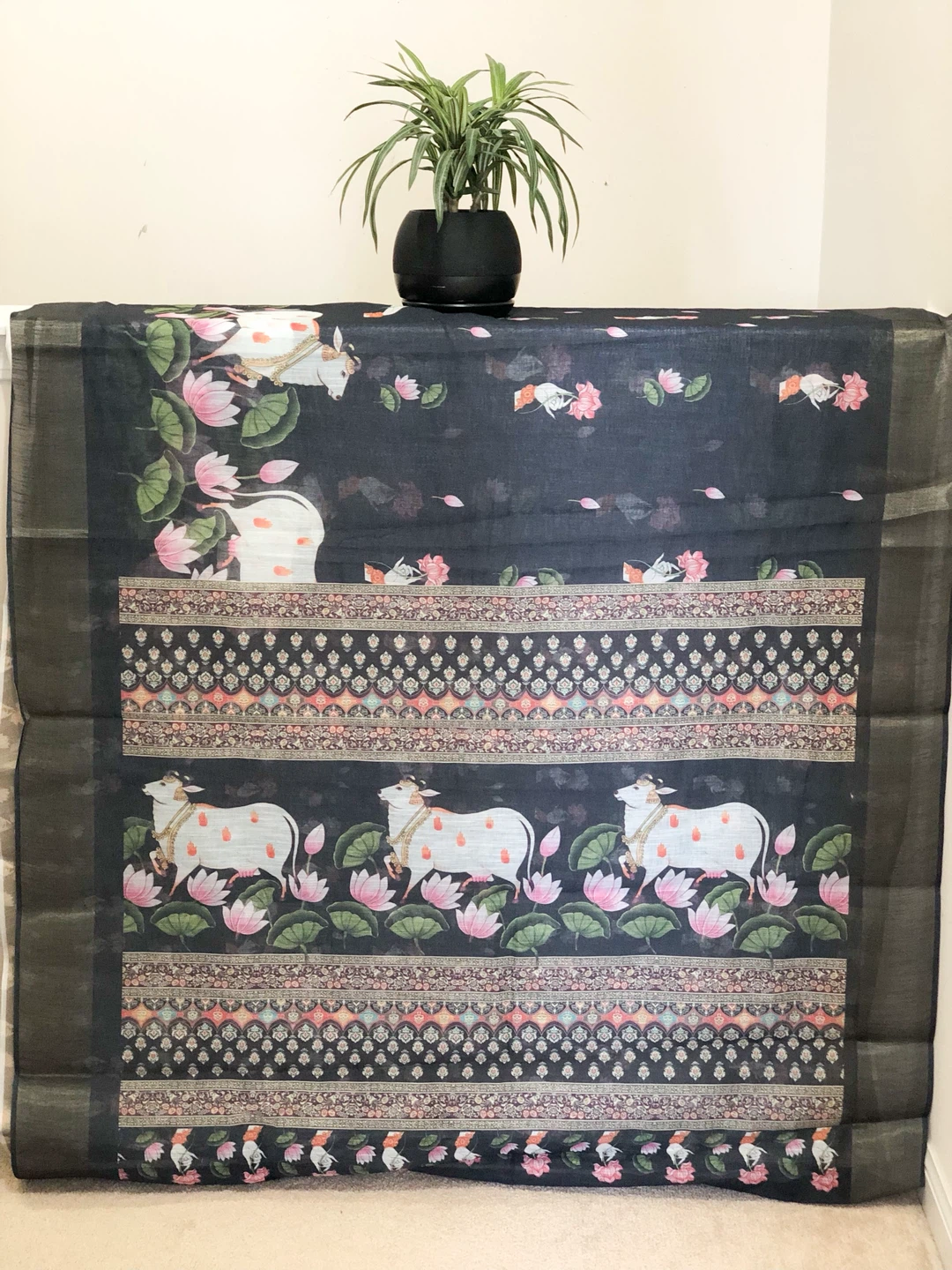 Cotton linen Saree with Cow and Lotus Print(Pichwai print)