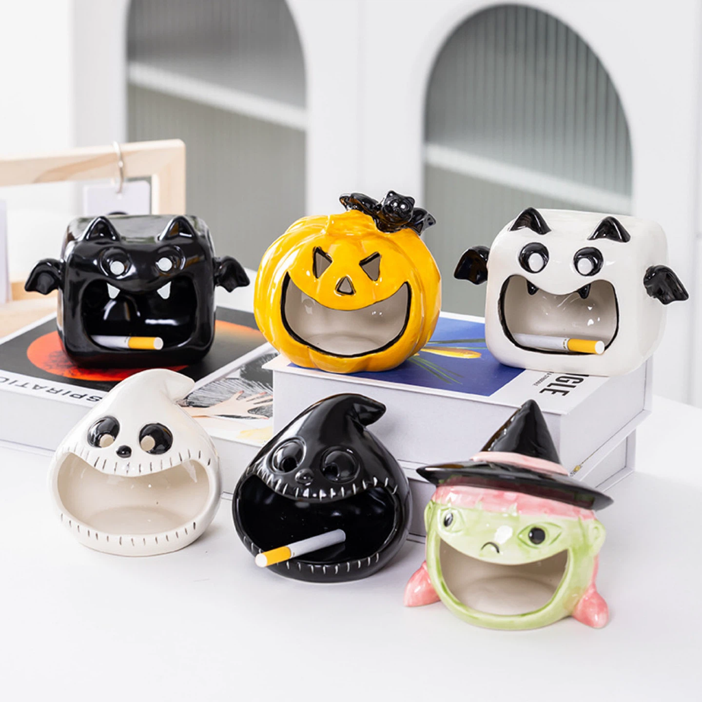 Ceramic Halloween Witch & Jack-o-Lantern Ashtrays/Holders