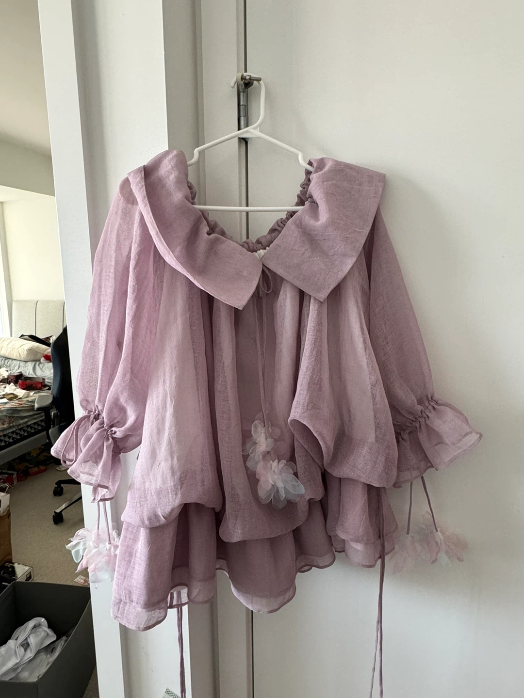 Purple Ruffled Blouse with Floral Appliques