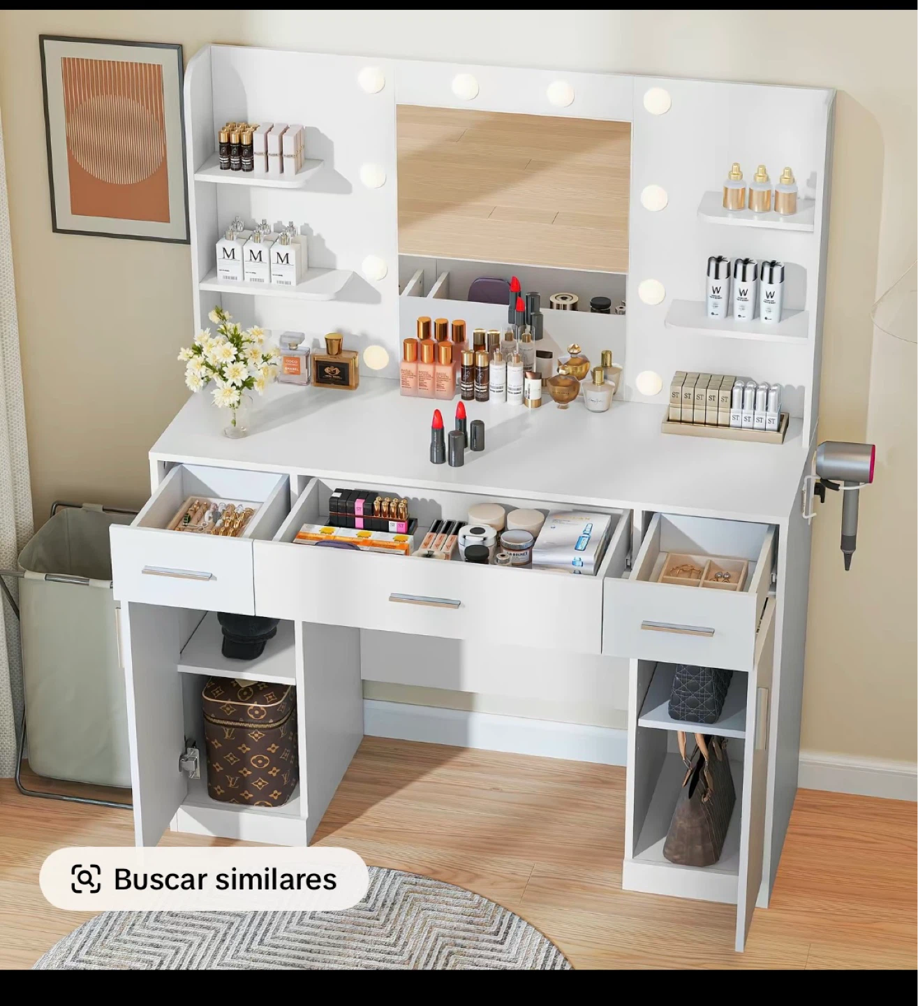 White Vanity Desk with Lighted Mirror and Drawers - photo 3