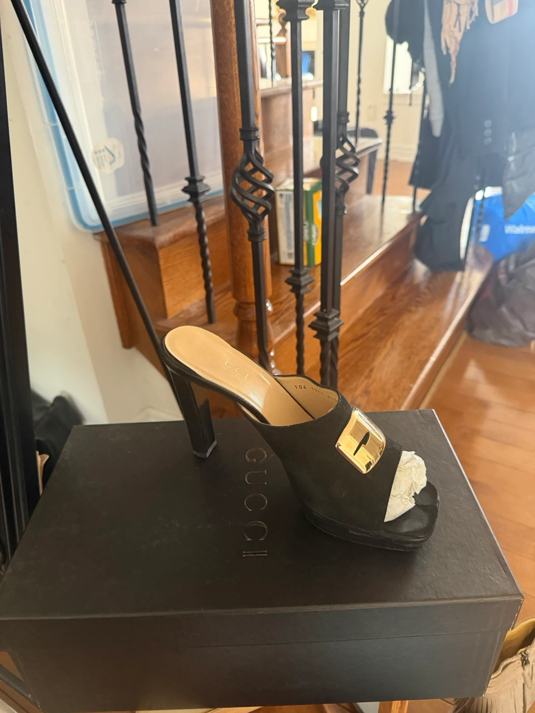 Black Suede Gucci Mules with Gold Buckle