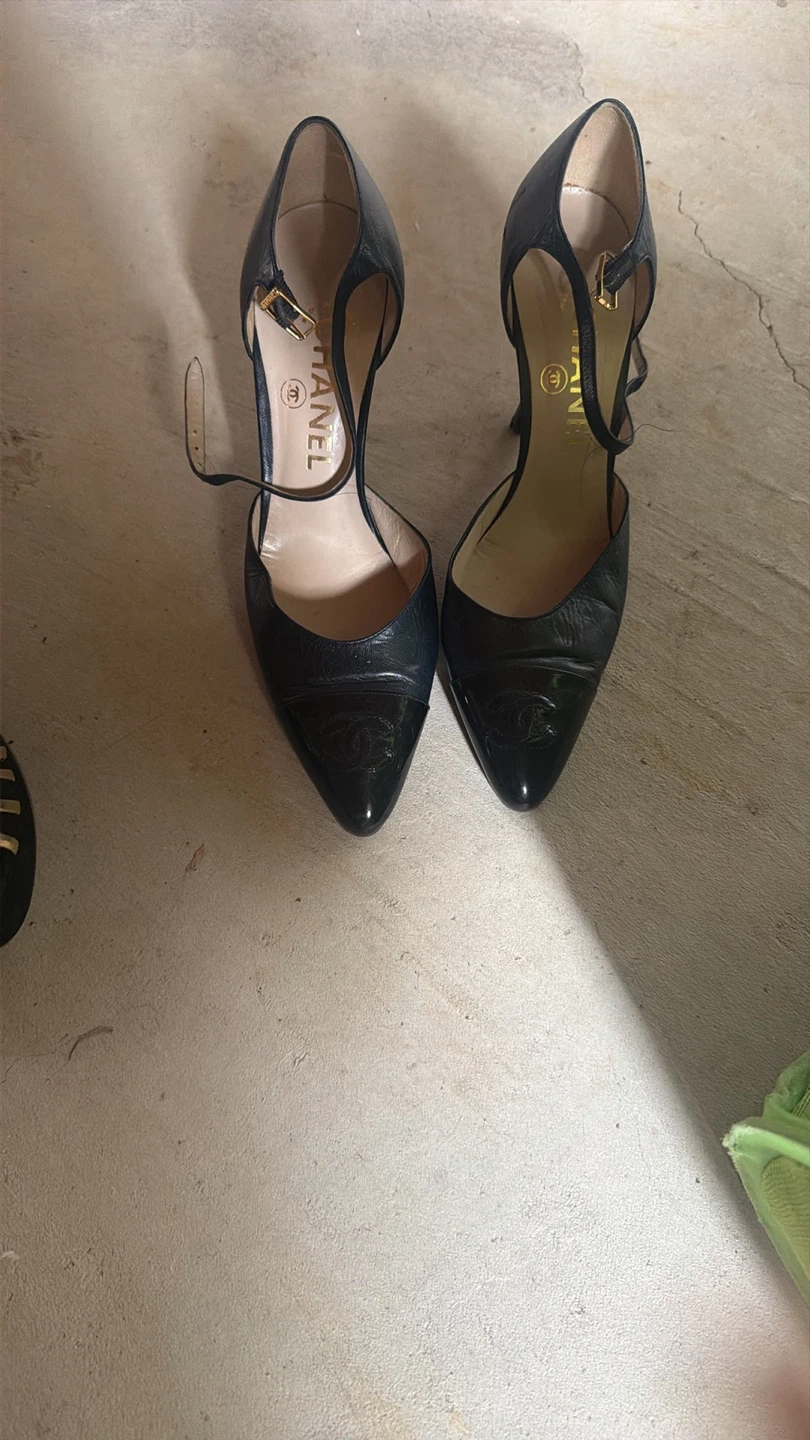 CHANEL Black Leather Cap Toe Heels with Ankle Strap