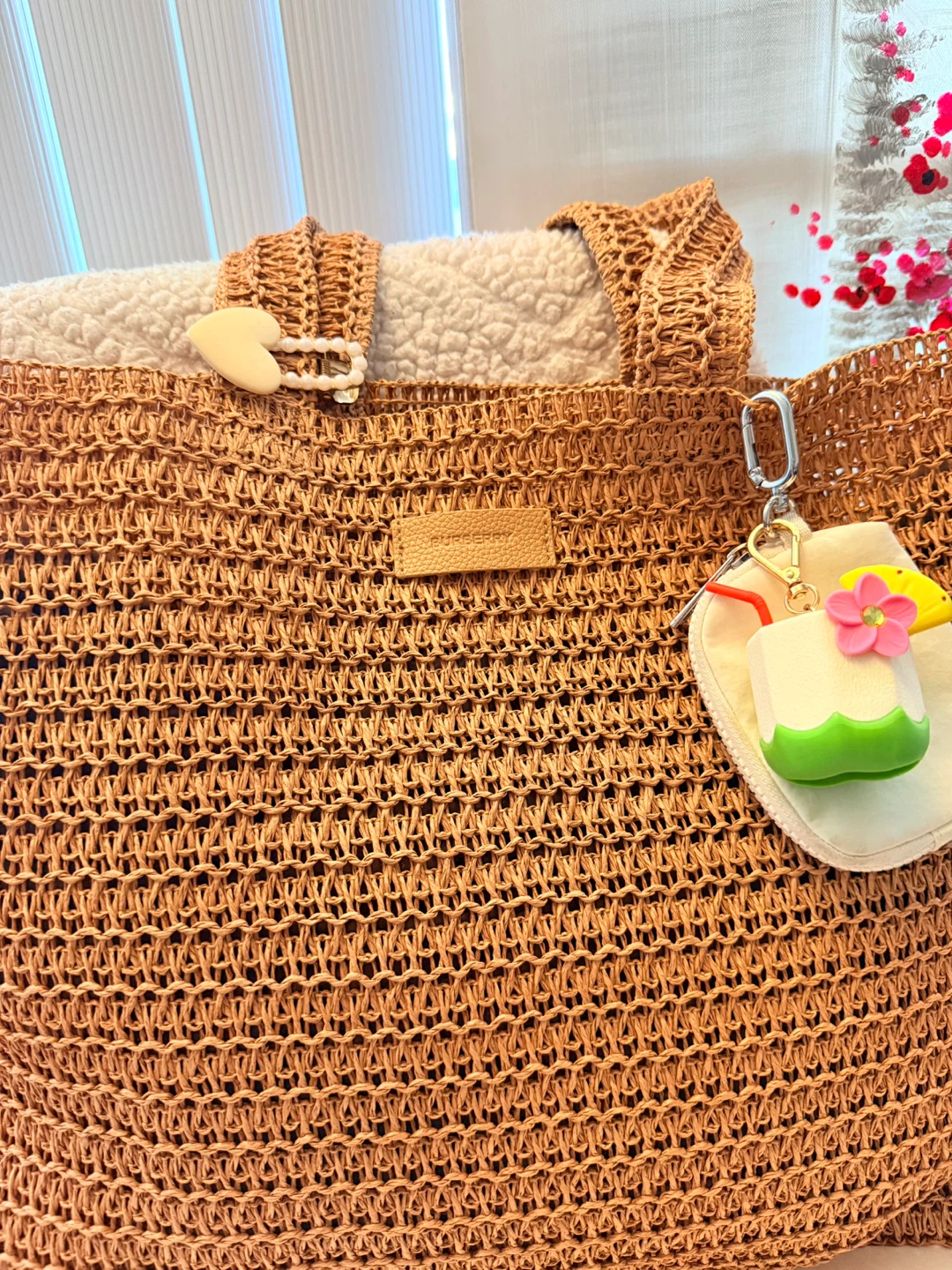 Burberry Woven Straw Tote Bag with Charm