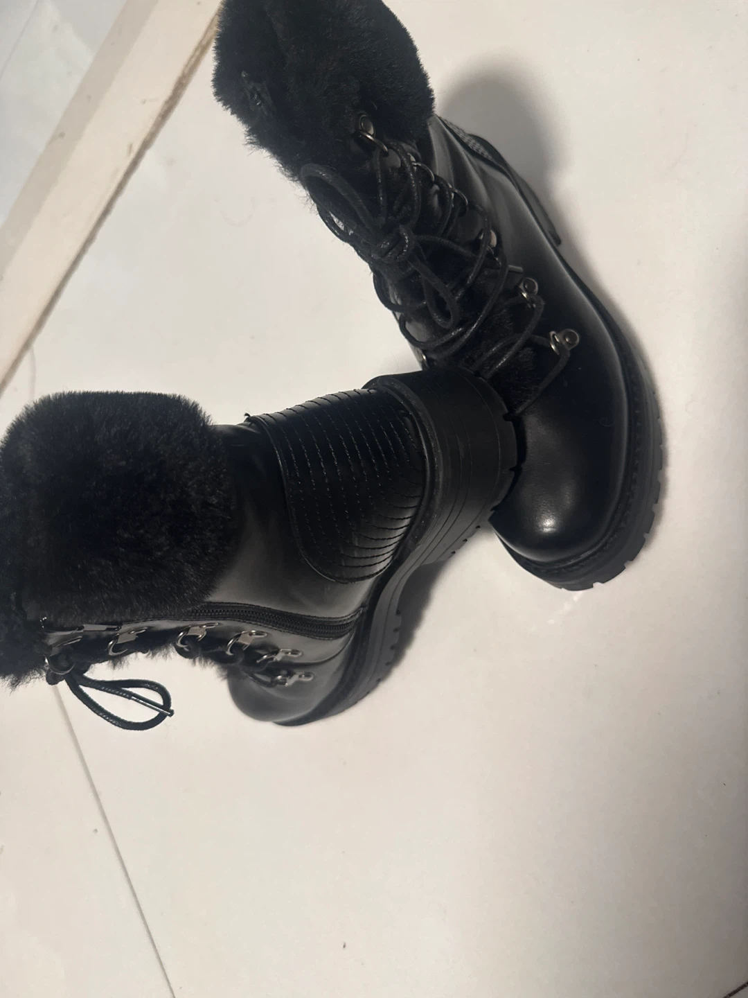 Black Faux Fur Lined Combat Boots - Size 7 - photo 2