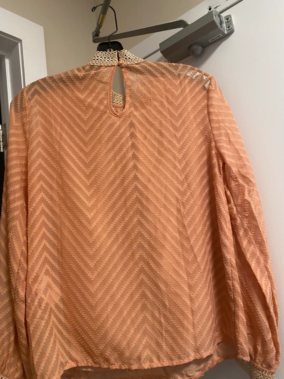 Peach Textured Chevron Blouse with Lace Collar - photo 4