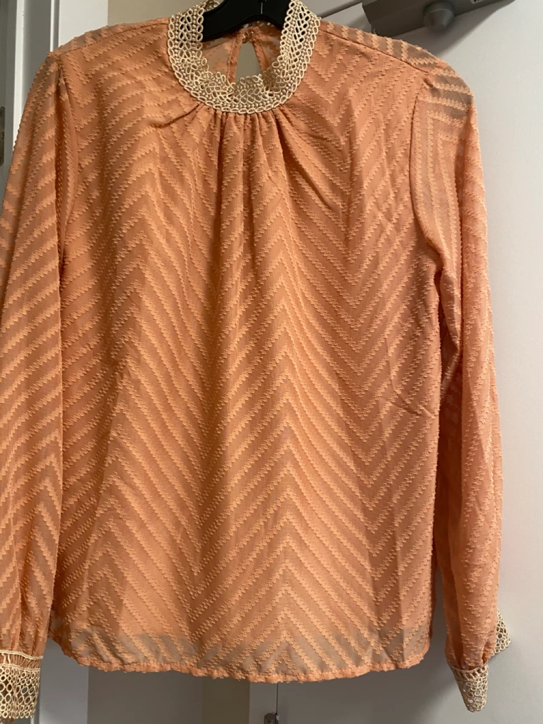 Peach Textured Chevron Blouse with Lace Collar - photo 3