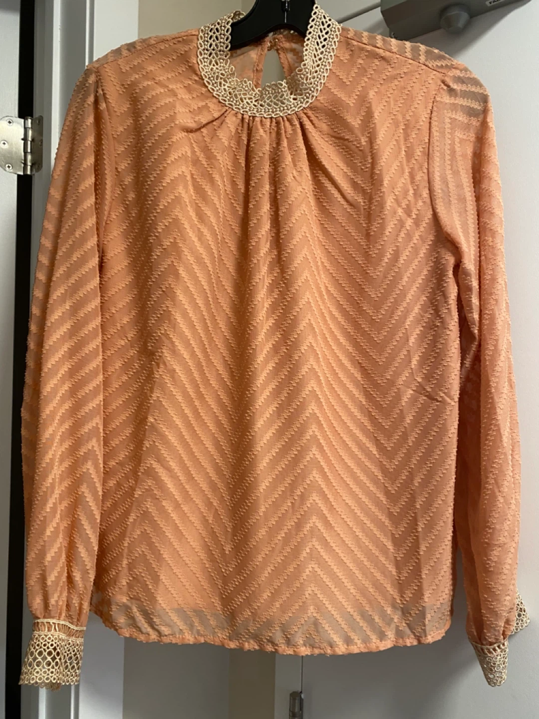 Peach Textured Chevron Blouse with Lace Collar - photo 2
