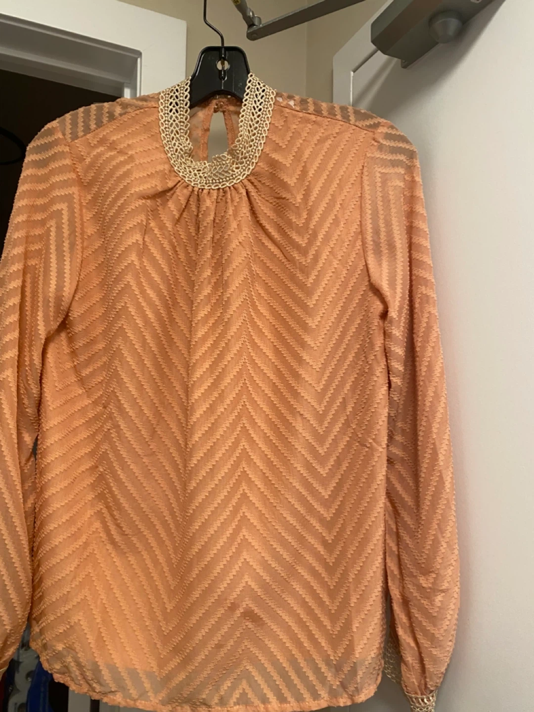 Peach Textured Chevron Blouse with Lace Collar