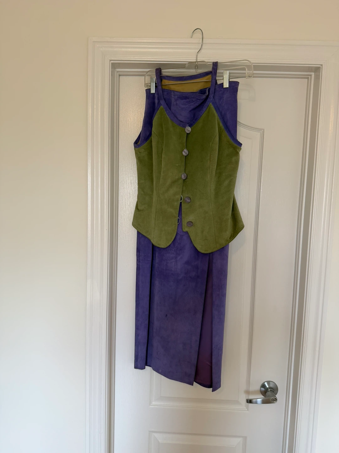 Vintage Purple Suede Skirt and Green Vest Set