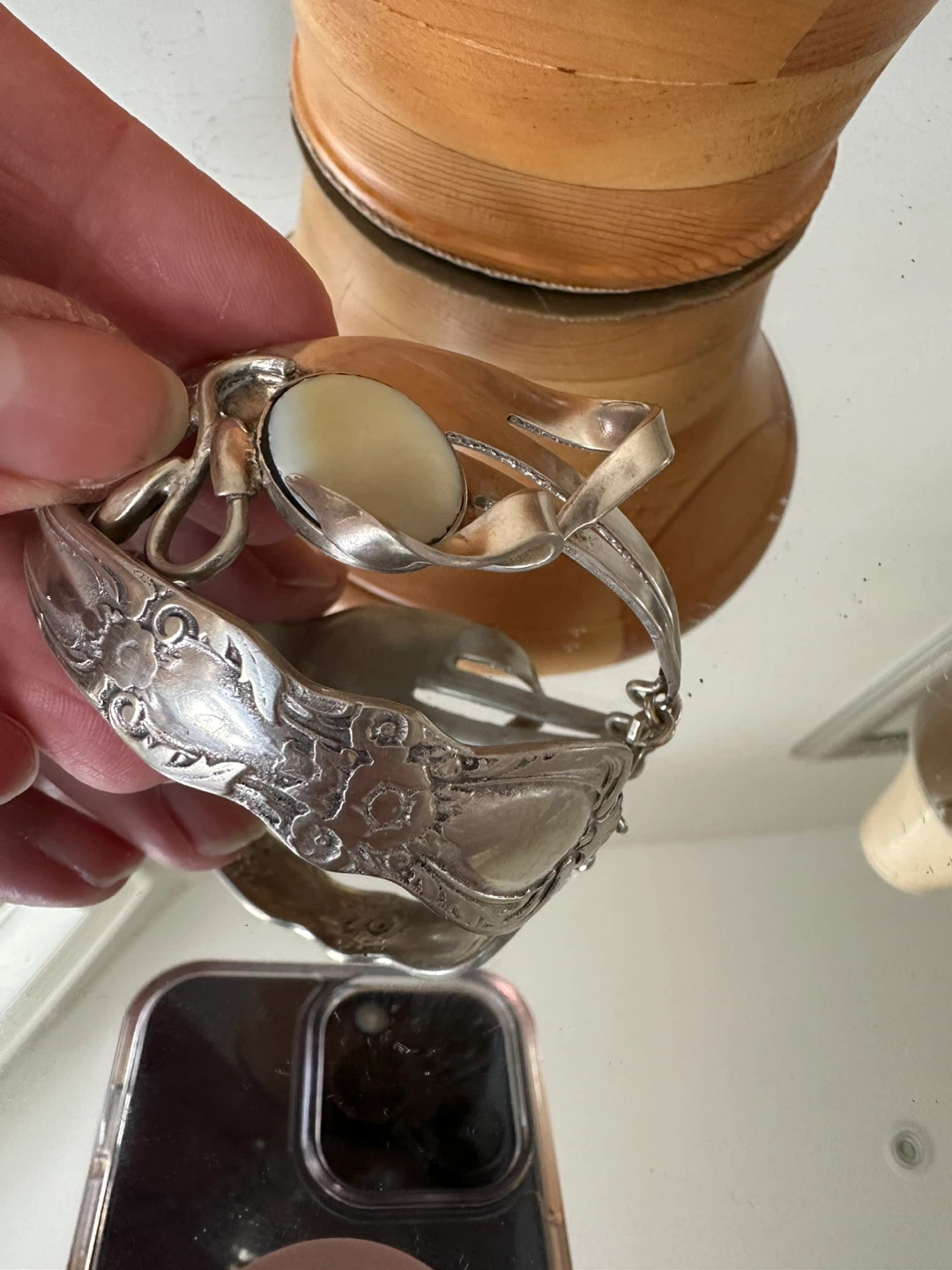 Silverware Bracelet with Cabochon Stone - photo 2