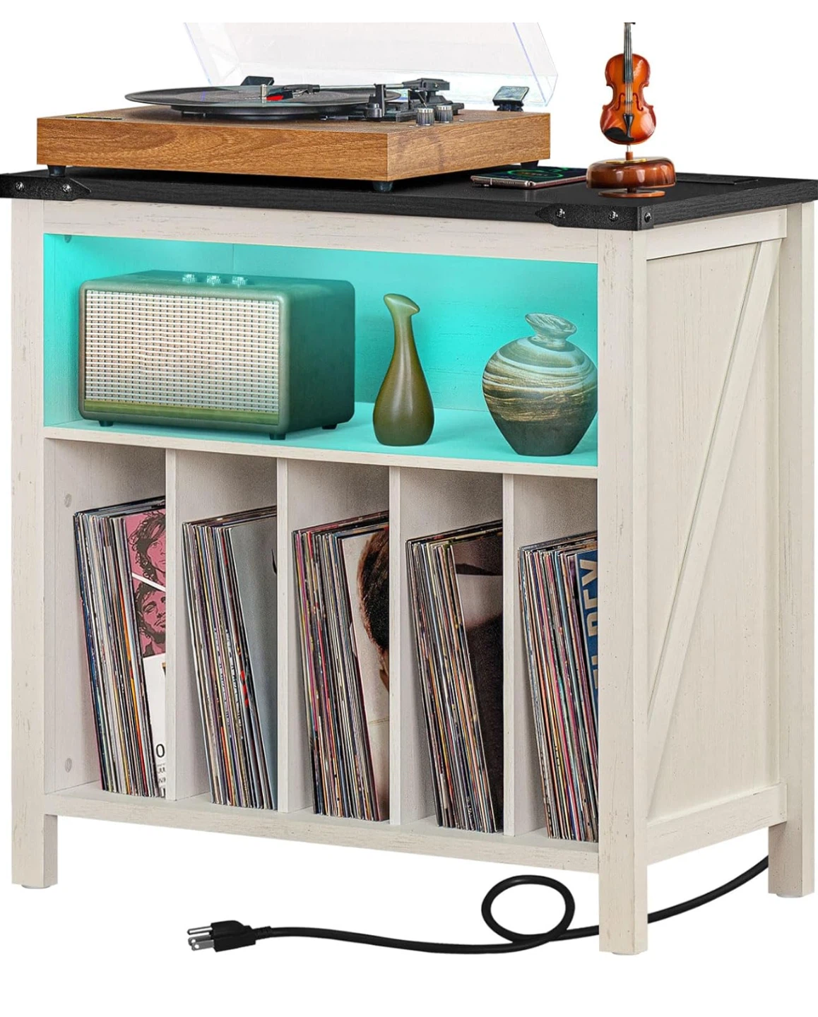 White Record Storage Cabinet with LED Lights