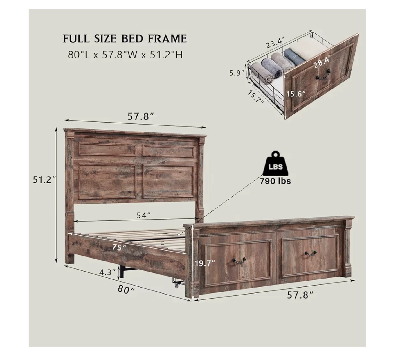 Farmhouse Full Size Bed Frame with Storage Drawers - Brown - photo 2