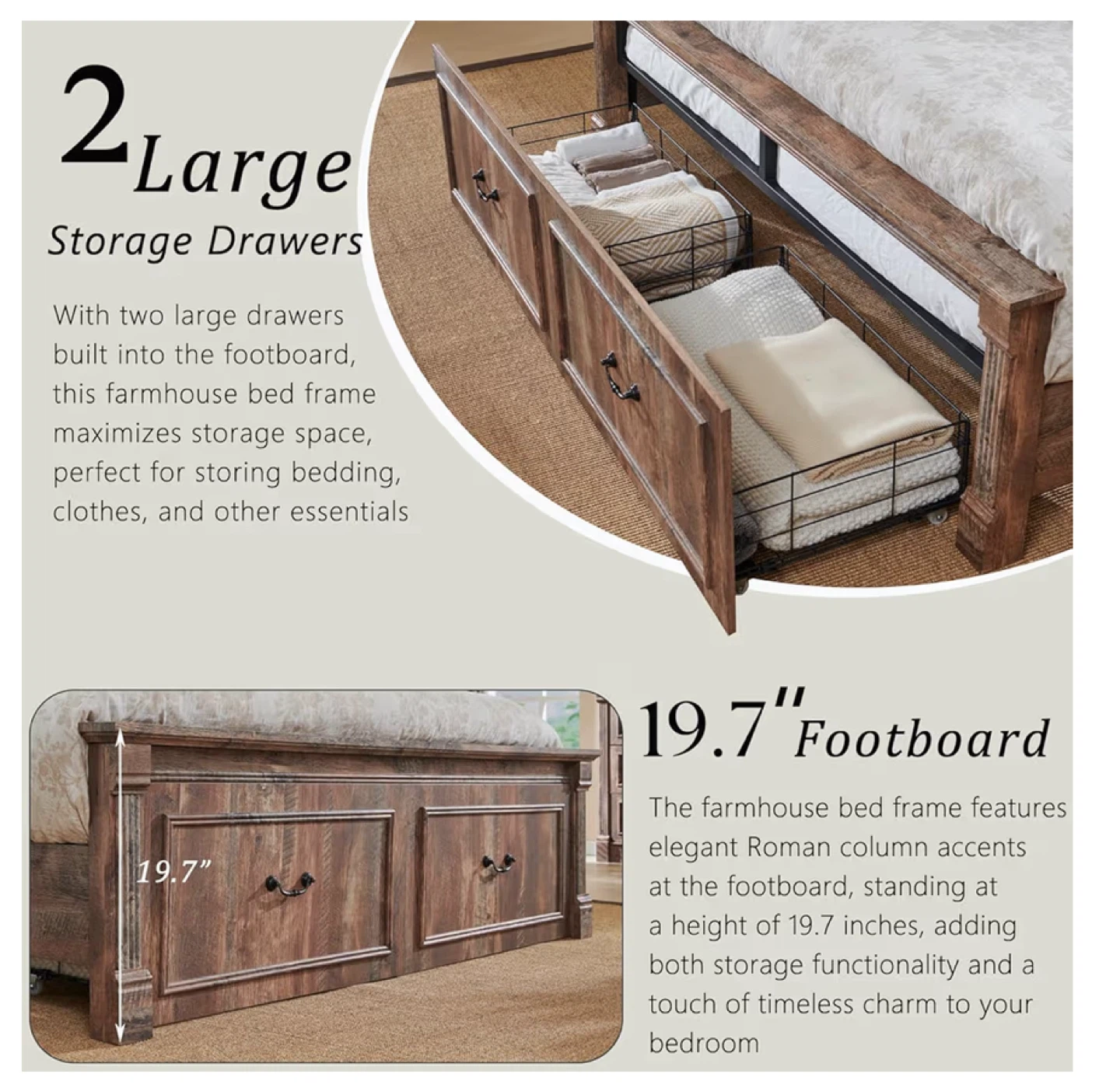 Farmhouse Full Size Bed Frame with Storage Drawers - Brown - photo 5