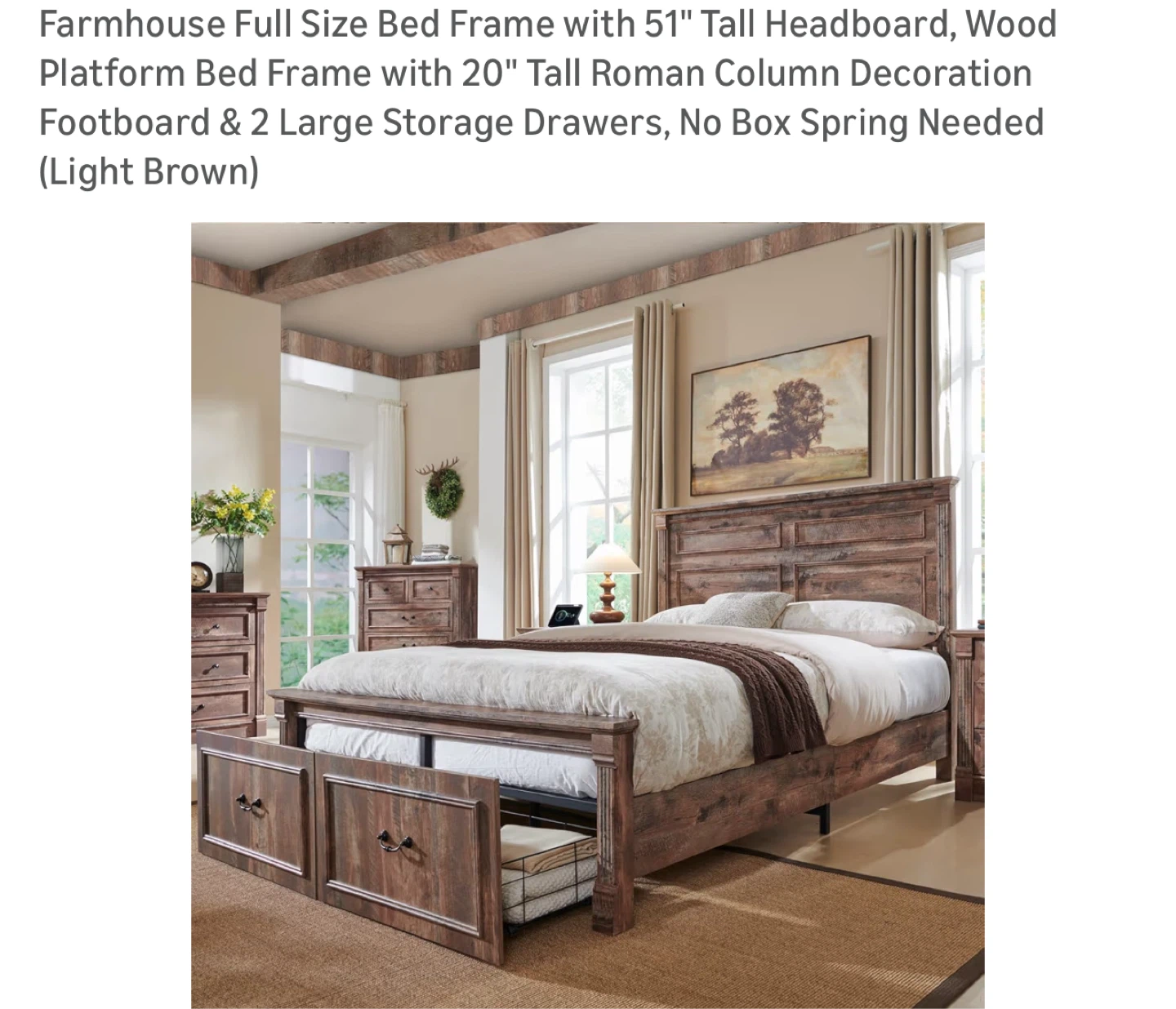 Farmhouse Full Size Bed Frame with Storage Drawers - Brown