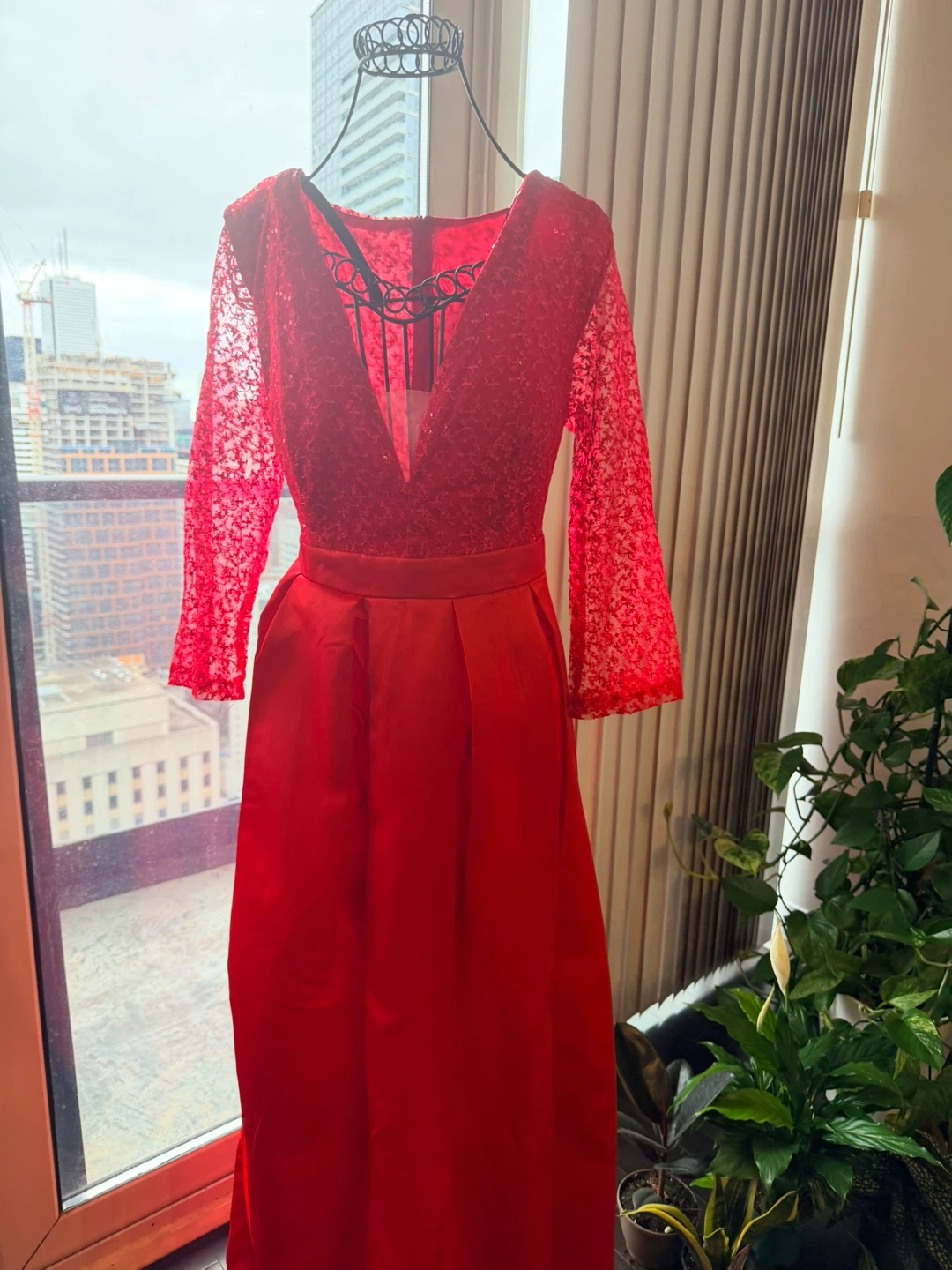 Red Lace Sleeve Maxi Dress