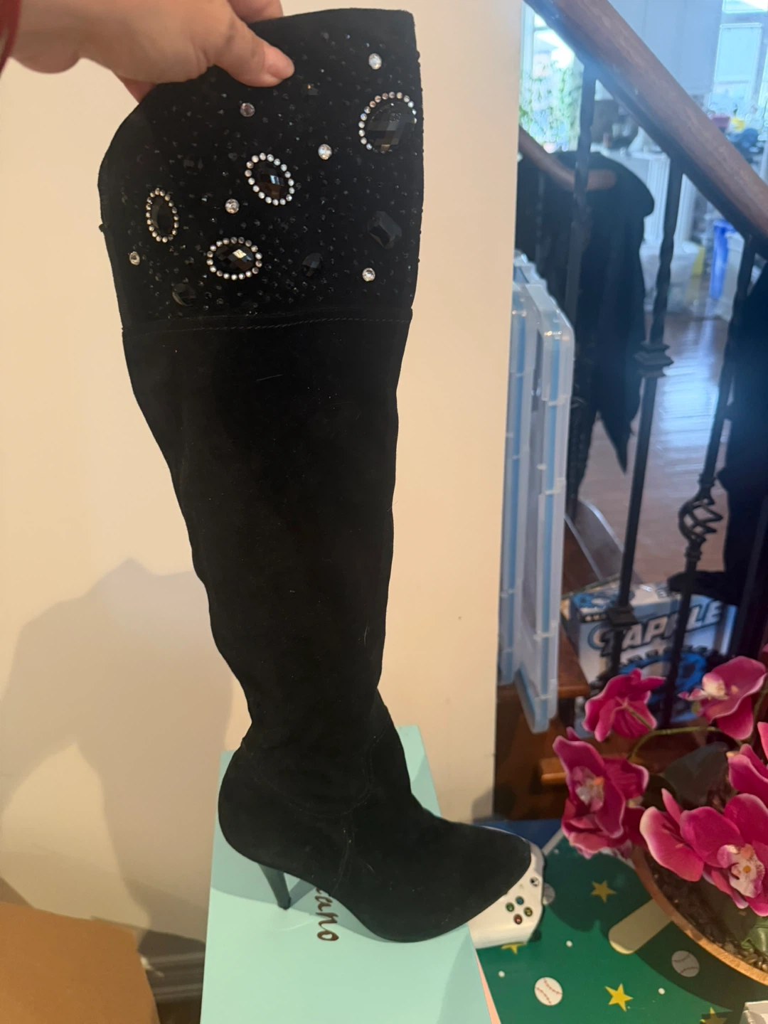 Black Suede Over-the-Knee Boots with Embellishments