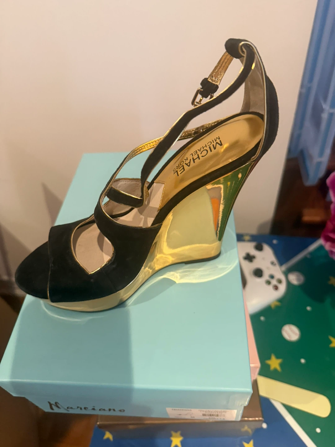 Michael Kors Black Suede Gold Wedge Heels