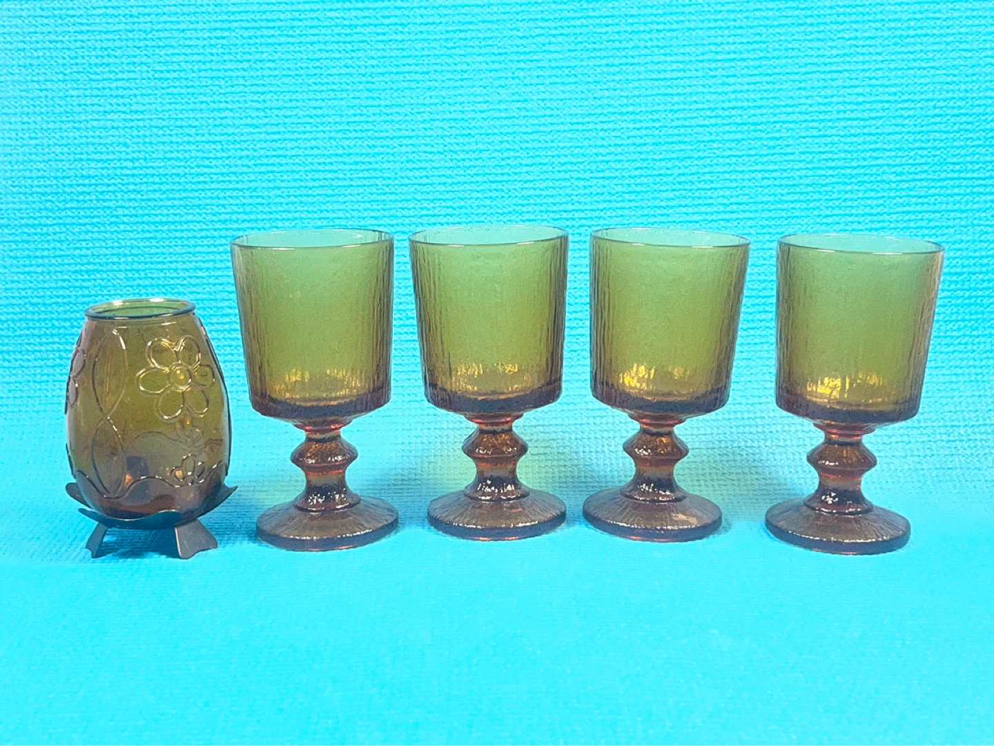 Vintage MCM Olive Green Goblet Set & Matching Floral Vase 5 pcs