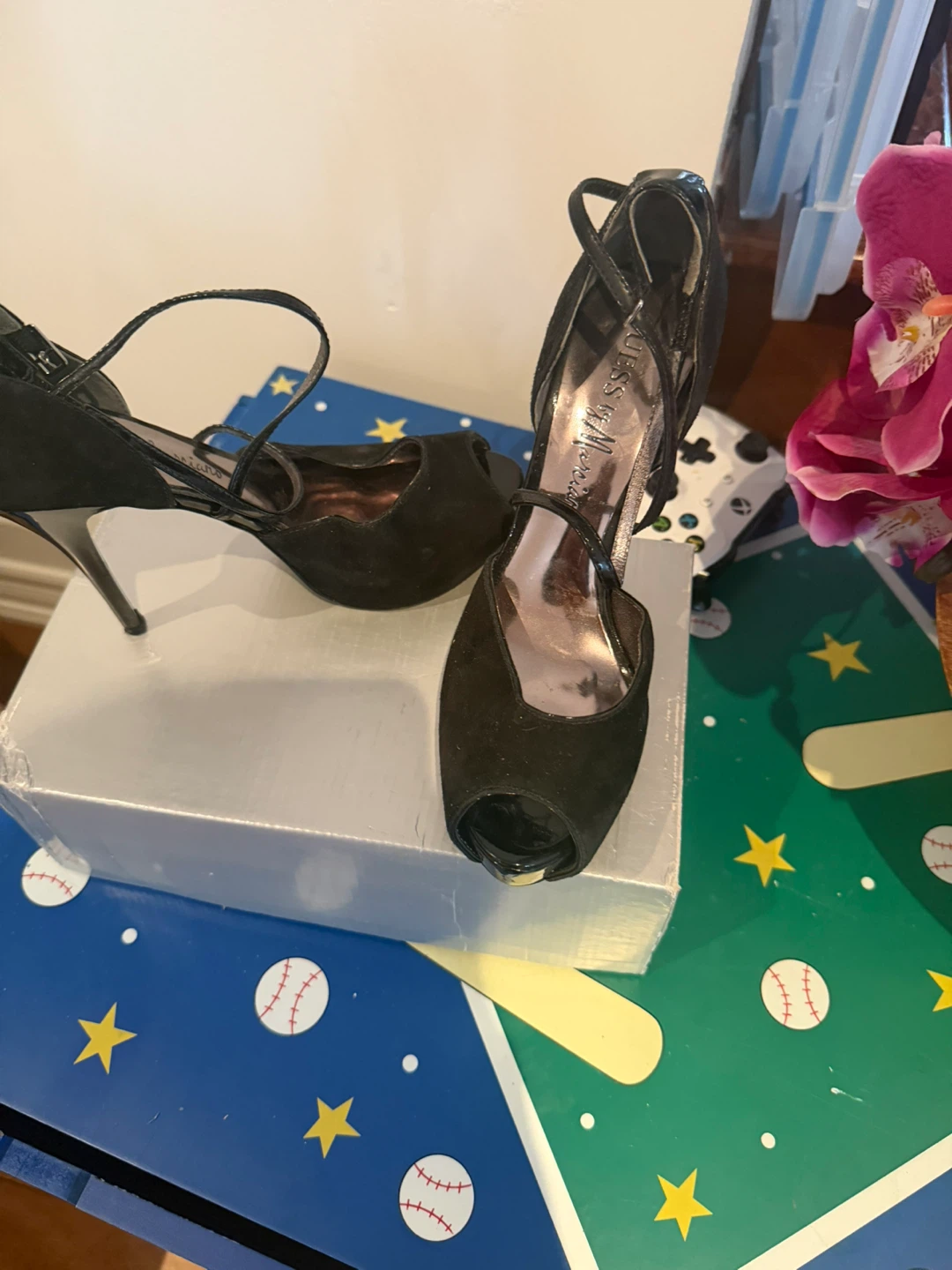 Guess Women's Black Suede Peep-Toe Heels